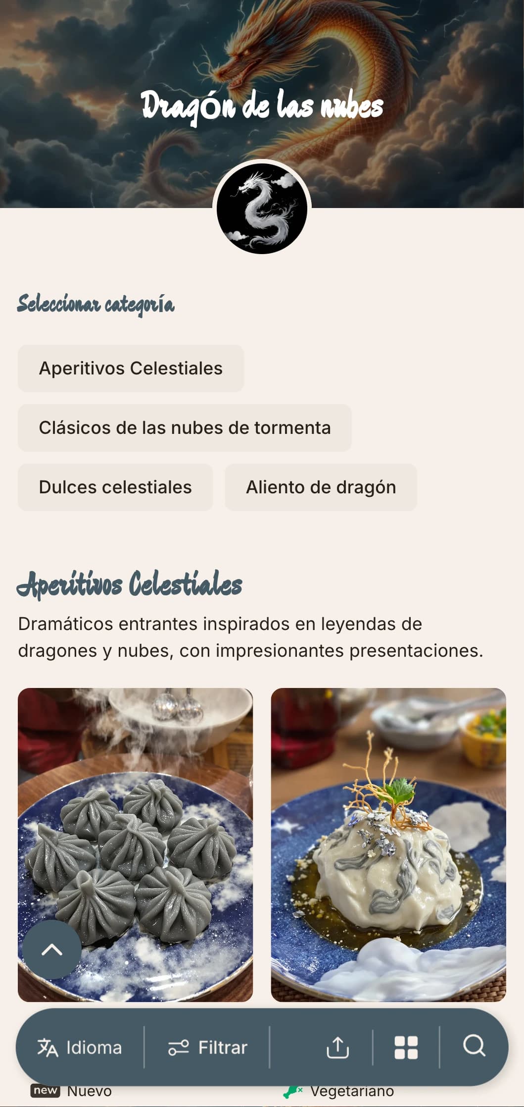Dramático diseño de menú chino con motivos de nubes y dragones, con poderosos elementos para una auténtica cocina imperial.