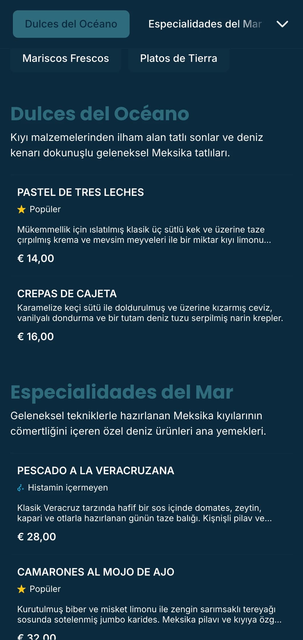 Masmavi vurgular, ince dalga desenleri ve sahil kenarı ambiyansı ile deniz ürünleri spesiyaliteleri içeren taze ve esintili kıyı Meksika menü tasarımı.