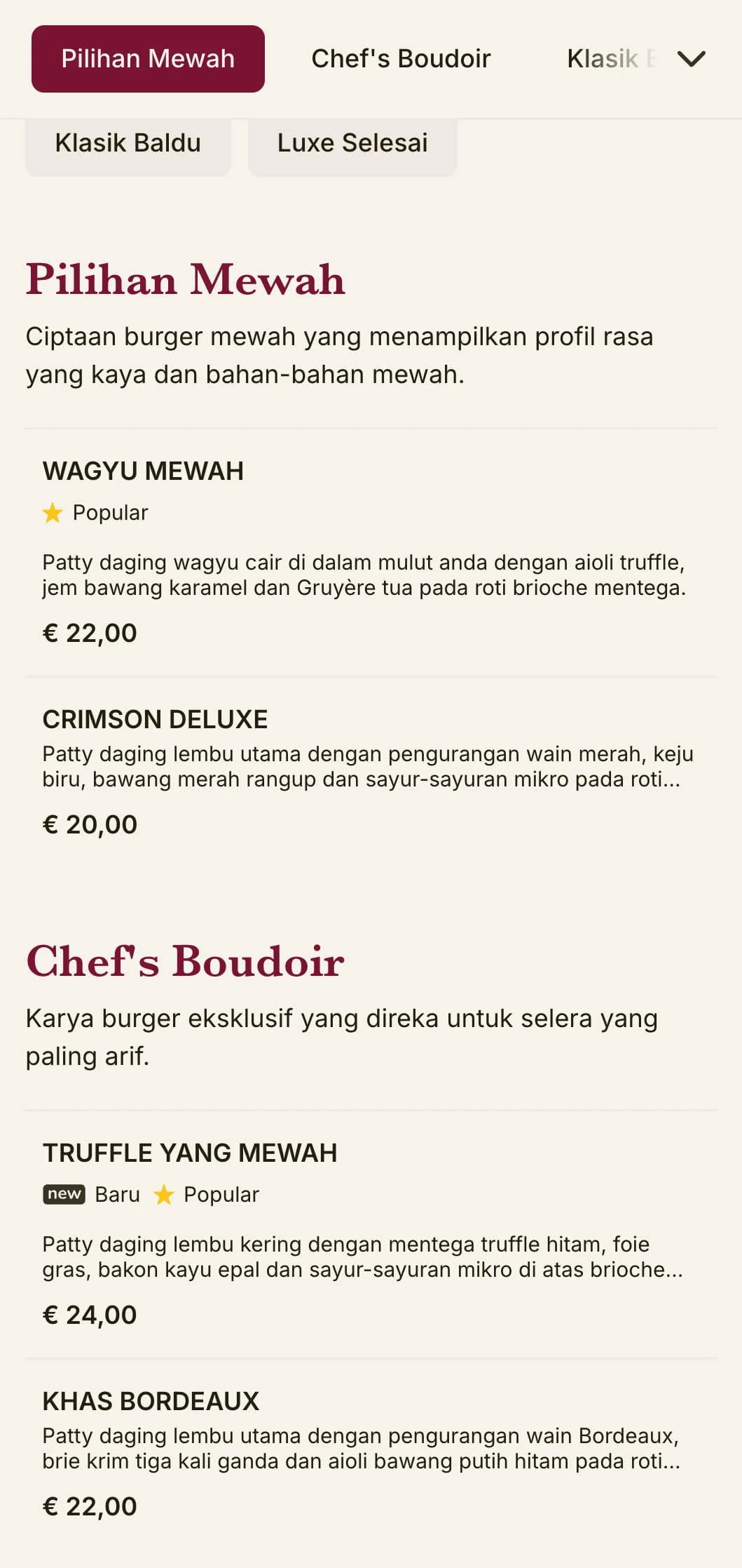 Ruang istirahat burger mewah yang mewah dengan tekstur yang mewah dan persembahan yang mewah.