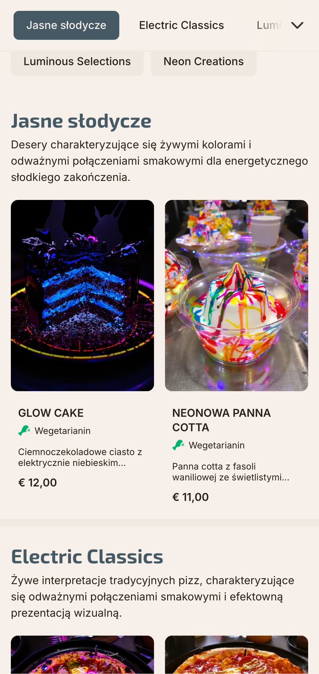 Współczesne menu pizzy z neonowymi akcentami kolorystycznymi i nowoczesną miejską estetyką.