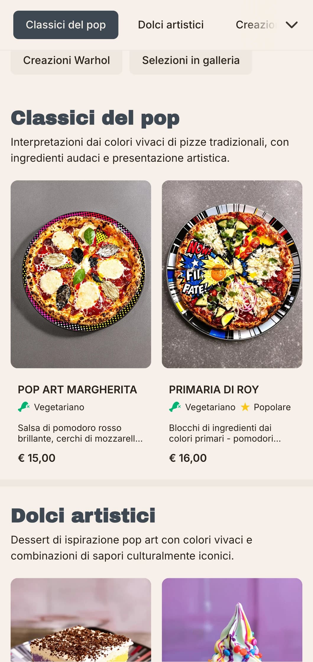 Menù di pizza ispirato a Andy Warhol con elementi pop art ed estetica retro-moderna.