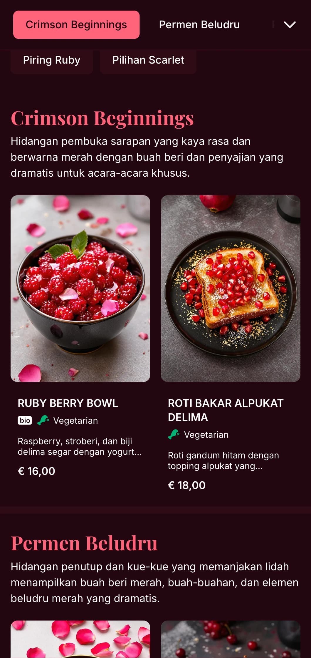 Templat brunch yang kaya akan warna merah dengan detail yang mewah, cocok untuk suasana brunch yang romantis dan acara-acara khusus.