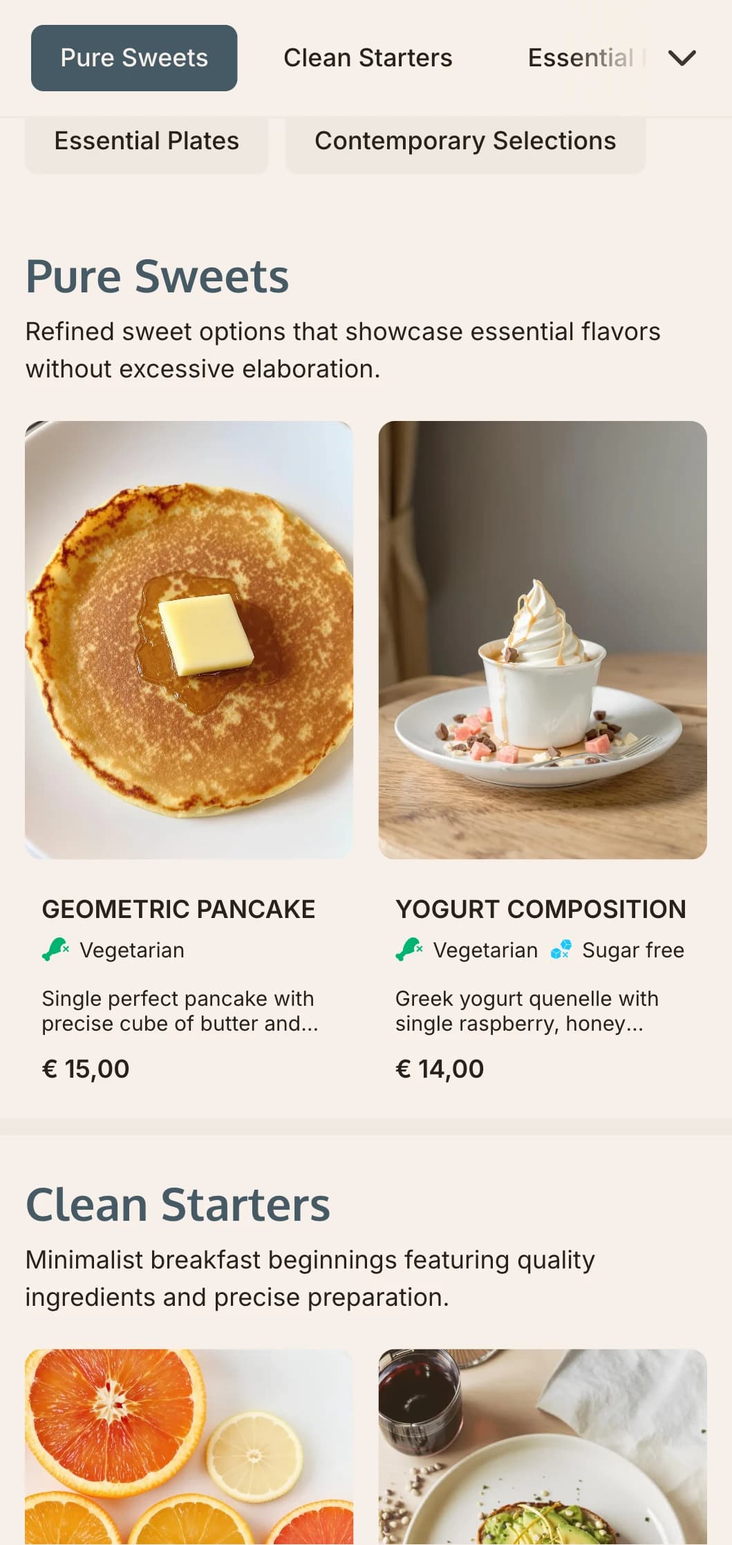 Contemporary morning menu featuring clean lines, precise portioning, and innovative ingredient combinations.