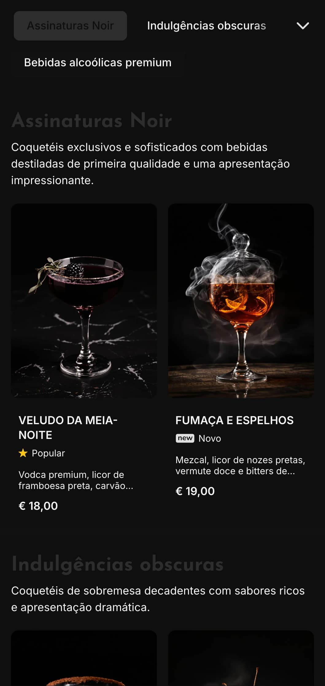 Um design elegante e escuro para lounges de coquetéis e casas noturnas contemporâneas com elementos de alto contraste e tipografia arrojada.