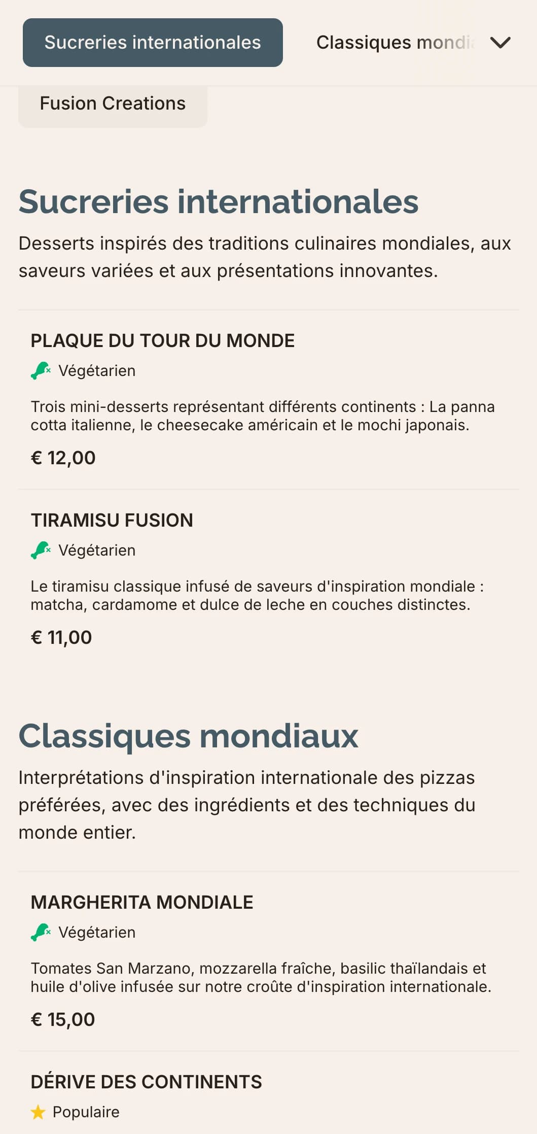 Carte de pizzas "Global Fusion" au design contemporain pour des combinaisons de saveurs innovantes.
