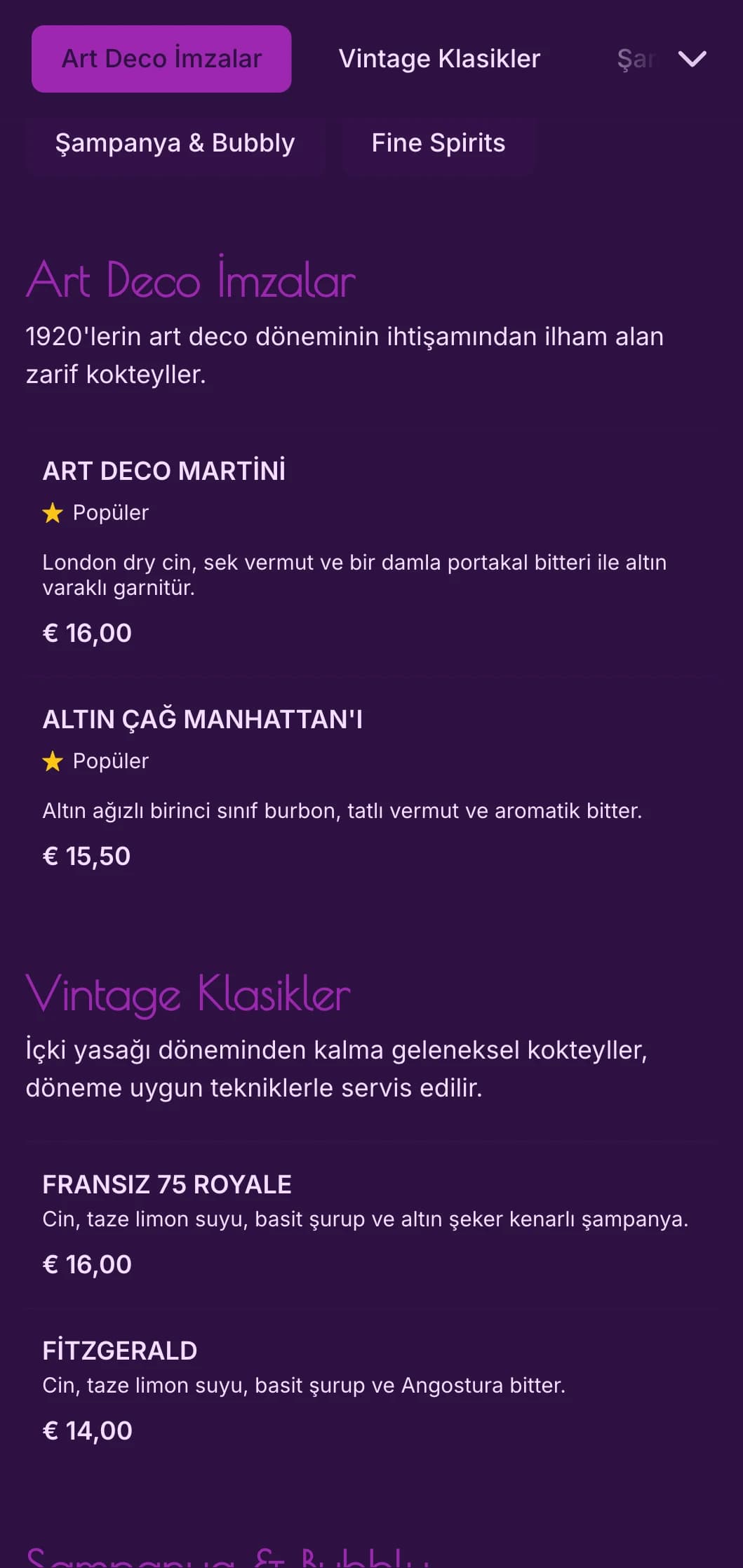 Lüks kokteyl salonları için 1920'lerin art deco'sundan ilham alan zarif mor ve altın rengi tasarım.
