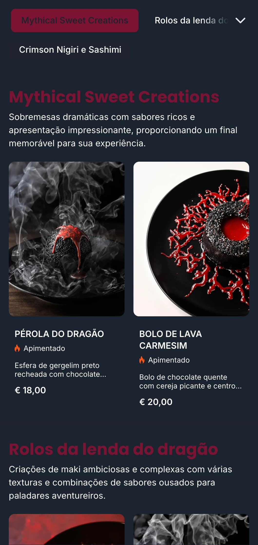 Cardápio de sushi arrojado e dramático, com ricos tons de vermelho, inspirado na tradicional mitologia japonesa do dragão.