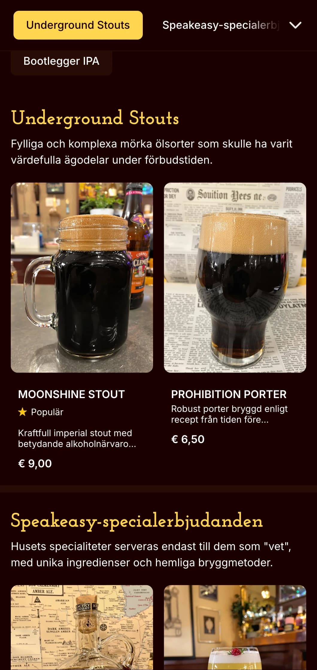 Hemlig och vintage design från förbudstiden med mörka toner och hemlighetsfull estetik, perfekt för ölbarer med speakeasy-tema.