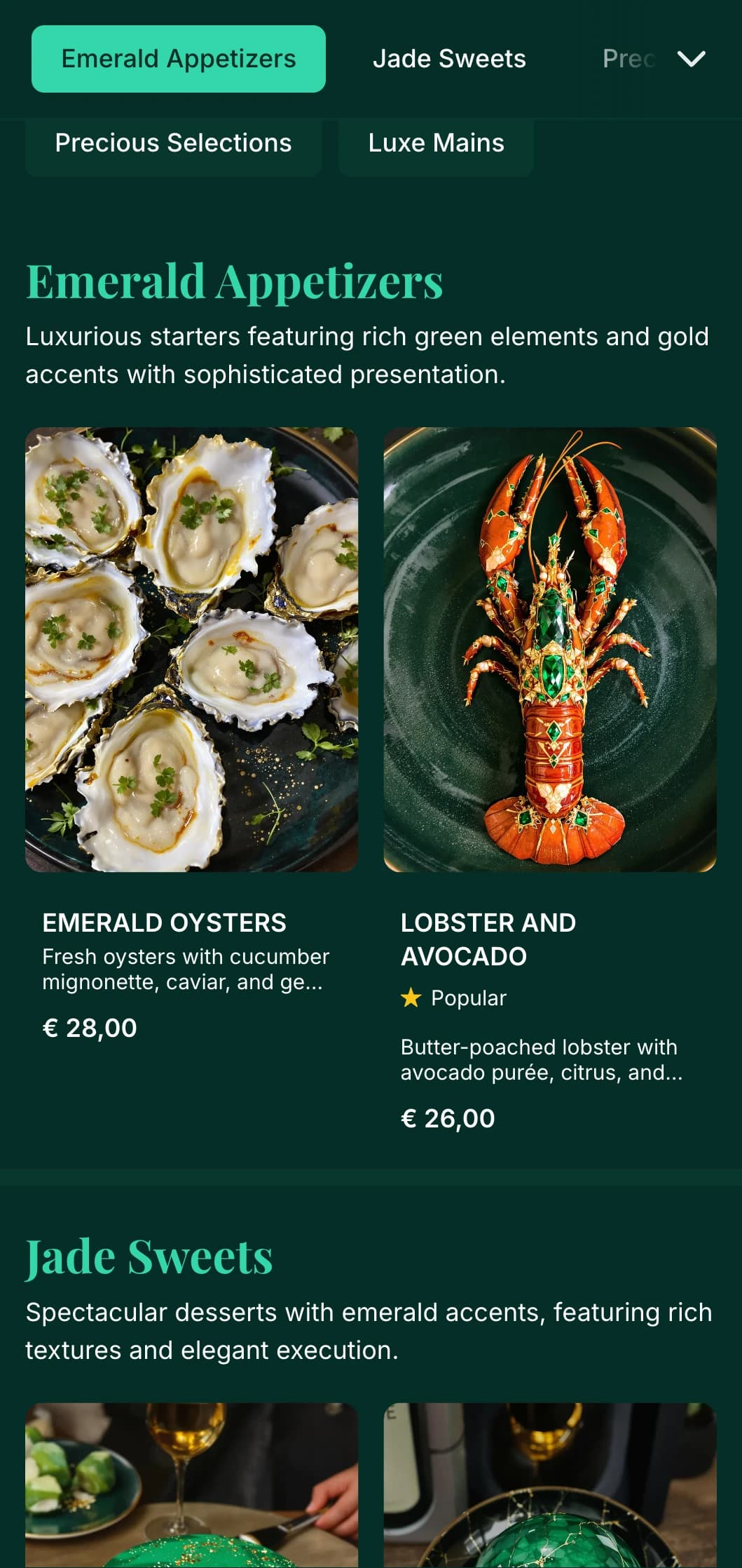 A luxurious dinner menu featuring rich emerald tones and gold accents, designed for upscale dining establishments.