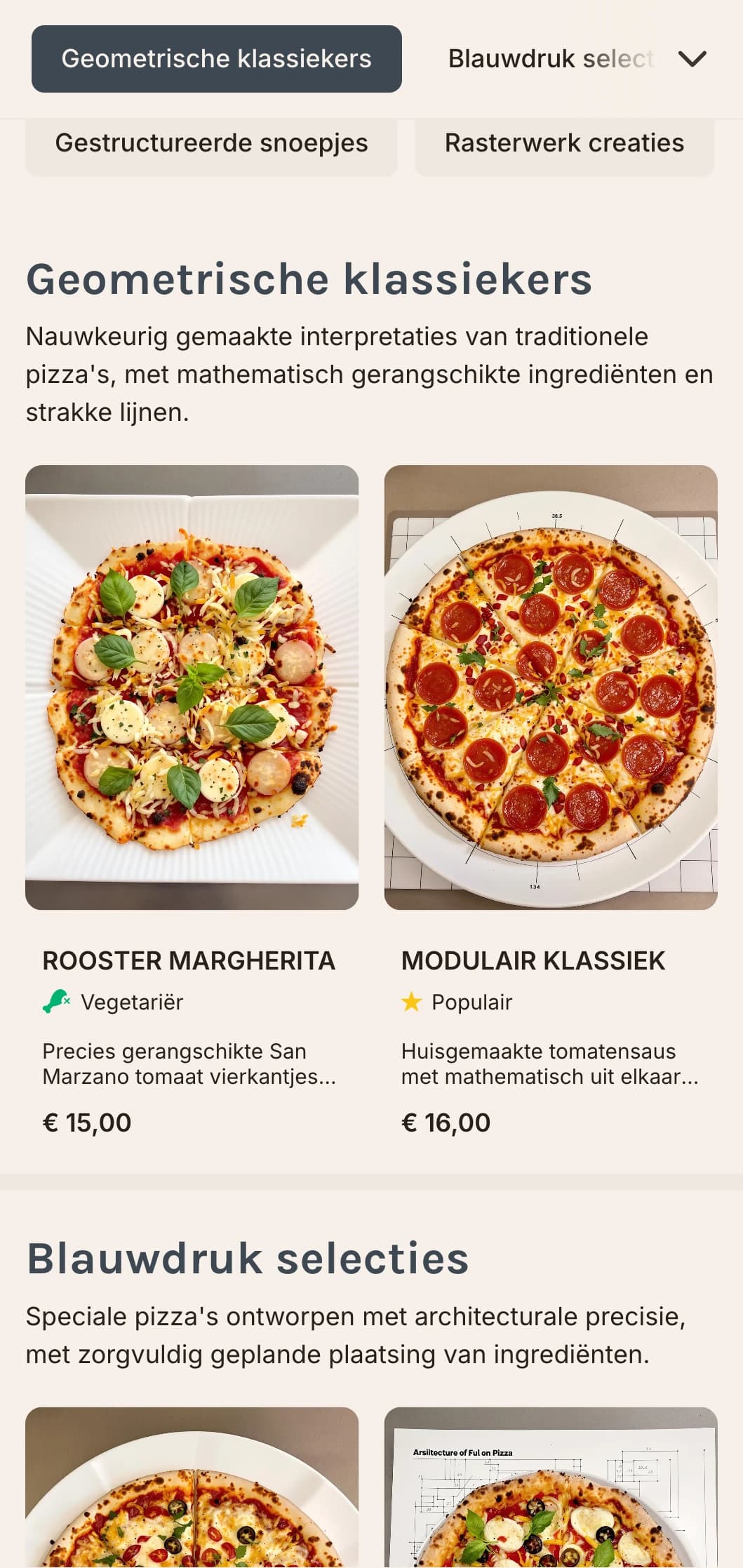 Geometrisch modern pizzamenu met rasterindelingen en precieze ontwerpelementen.