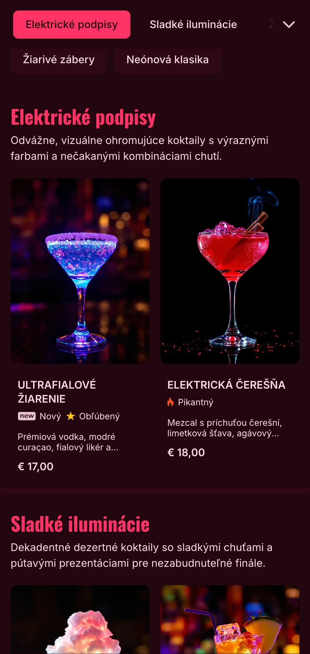 Odvážny, žiarivý dizajn menu inšpirovaný neónovým nočným životom je ideálny pre moderné koktailové bary a nočné kluby.