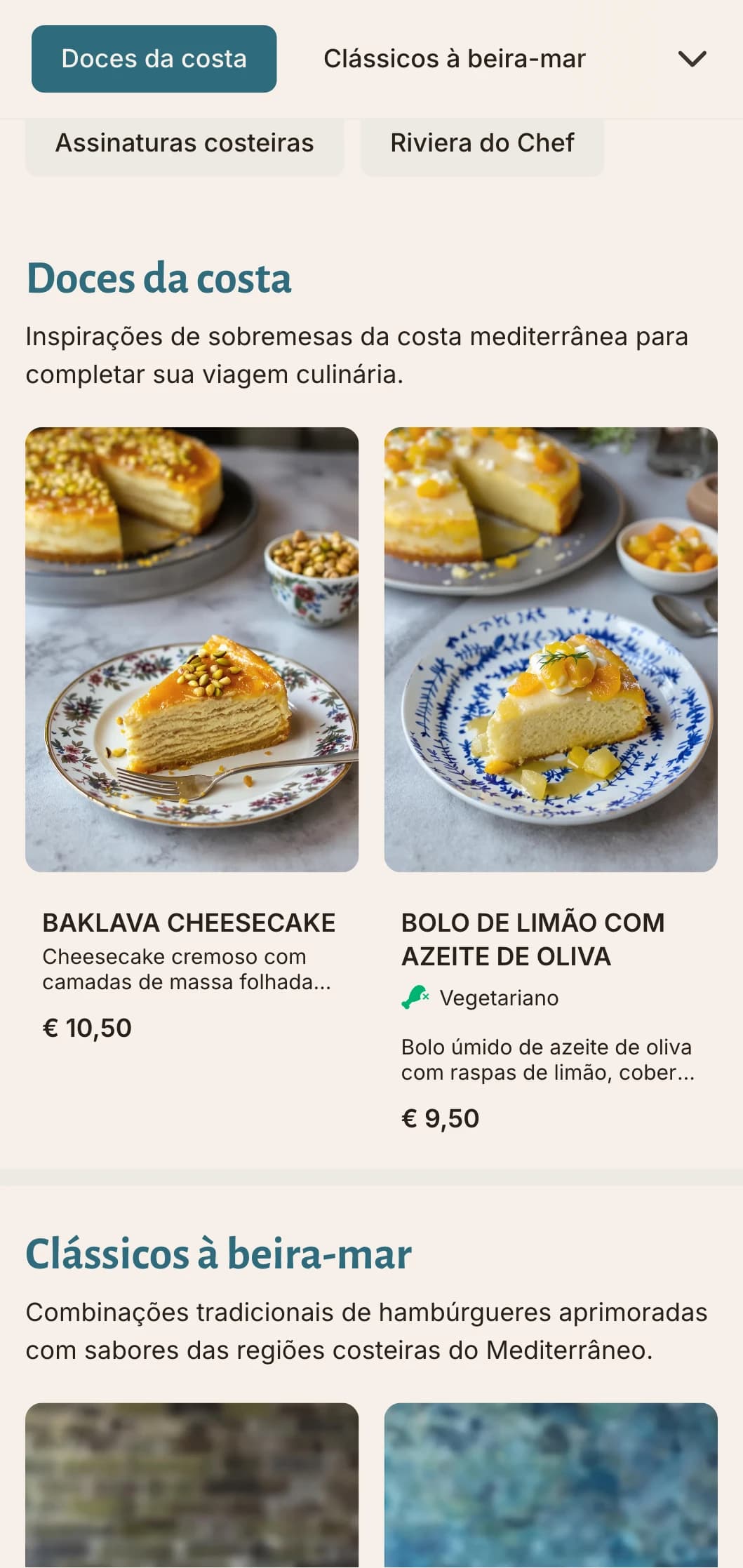 Menu de hambúrgueres de inspiração costeira com detalhes em azul mediterrâneo e foco em ingredientes frescos.