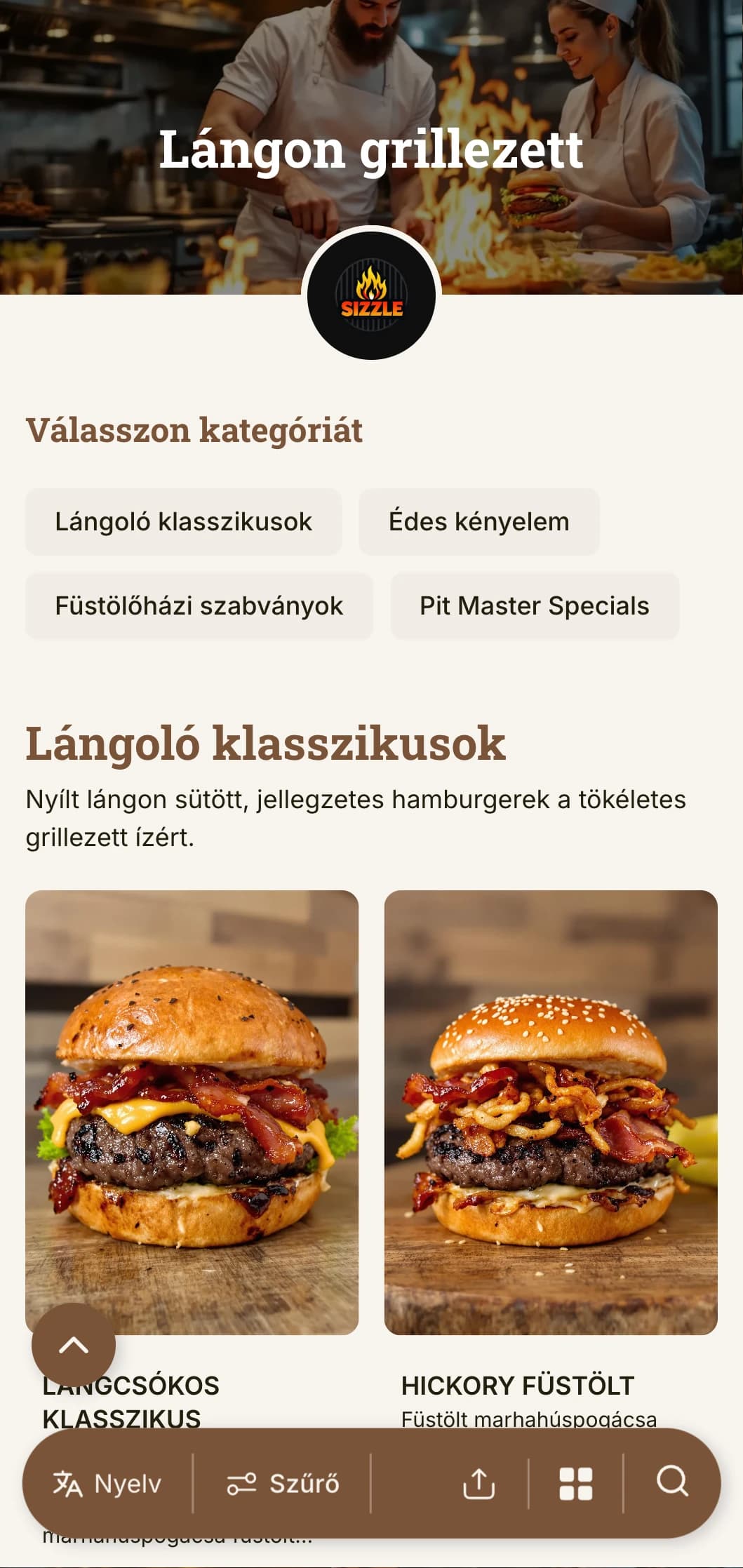 Merész, grillezésre összpontosító dizájn, meleg faárnyalatokkal és lángokkal az autentikus, faszénnel grillezett burger élményéért.