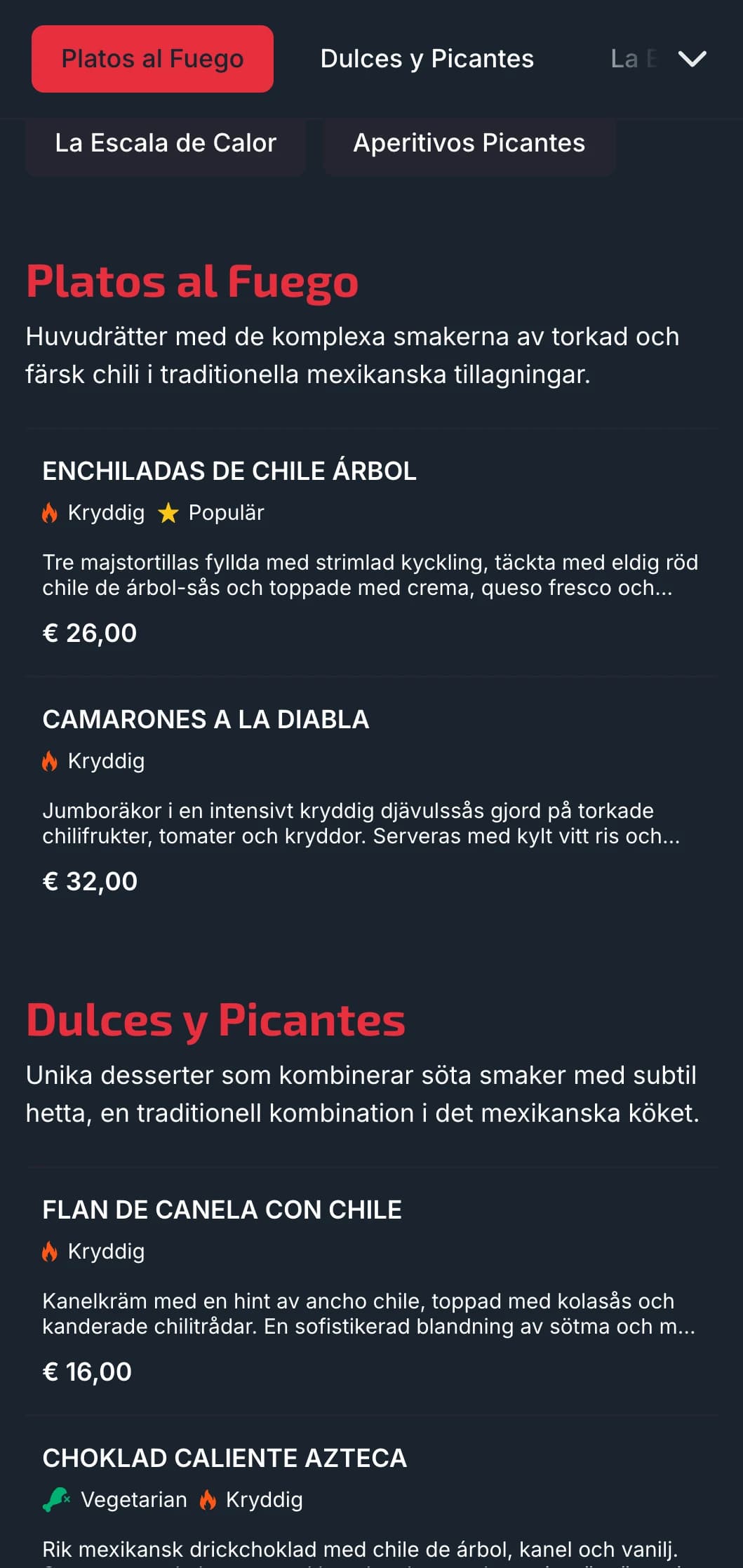 Djärv och kryddig meny med livfulla röda chilifärger, heta rätter och specialsalsor för äventyrliga matgäster.