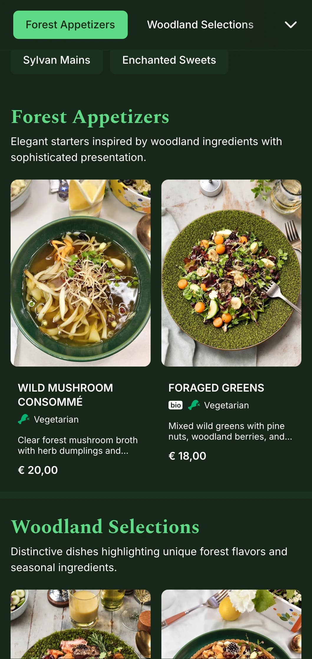 A sophisticated dinner menu inspired by deep forest tones and natural textures, perfect for woodland-inspired cuisine.