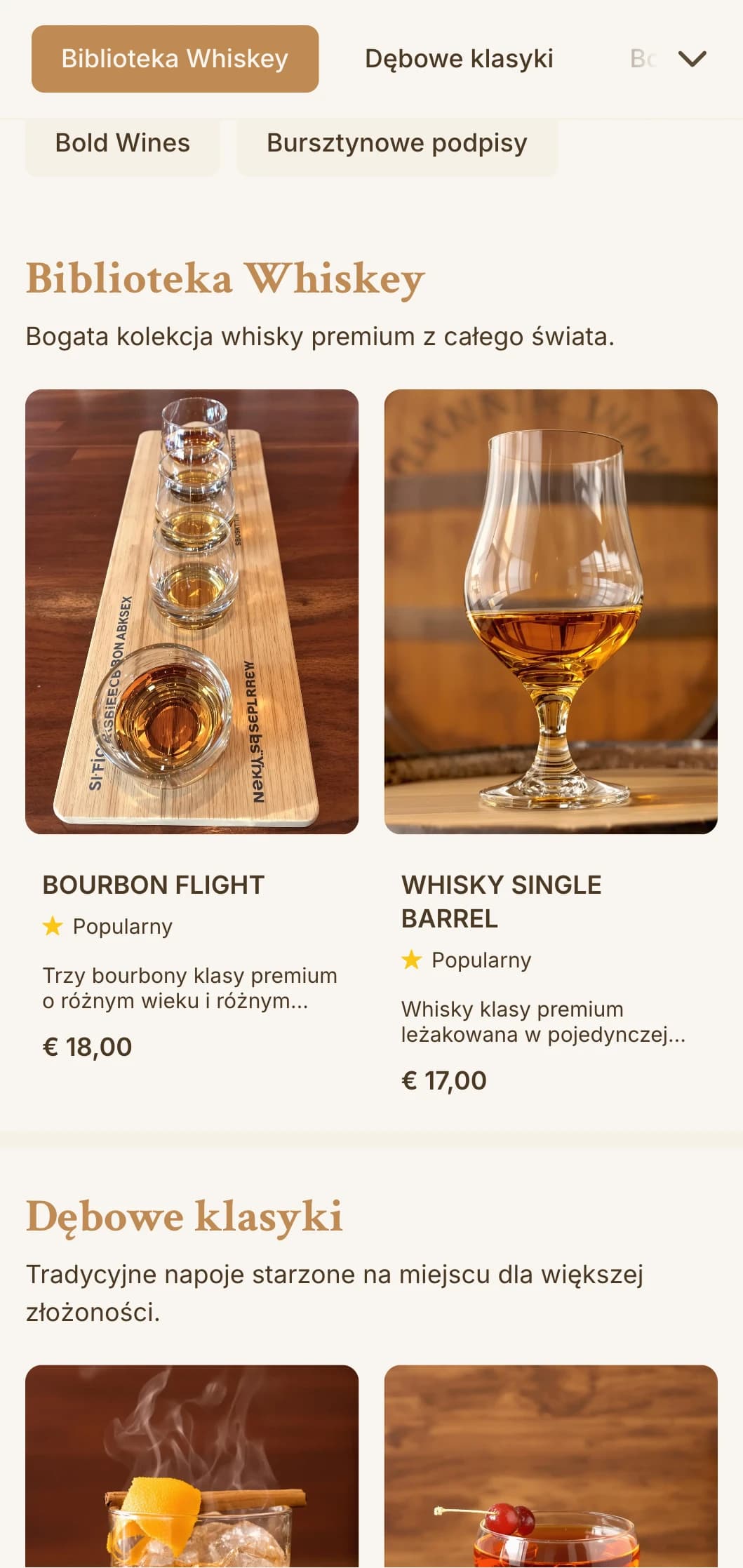 Bogaty bursztynowy design z teksturą drewna dla barów specjalizujących się w whisky i burbonie.