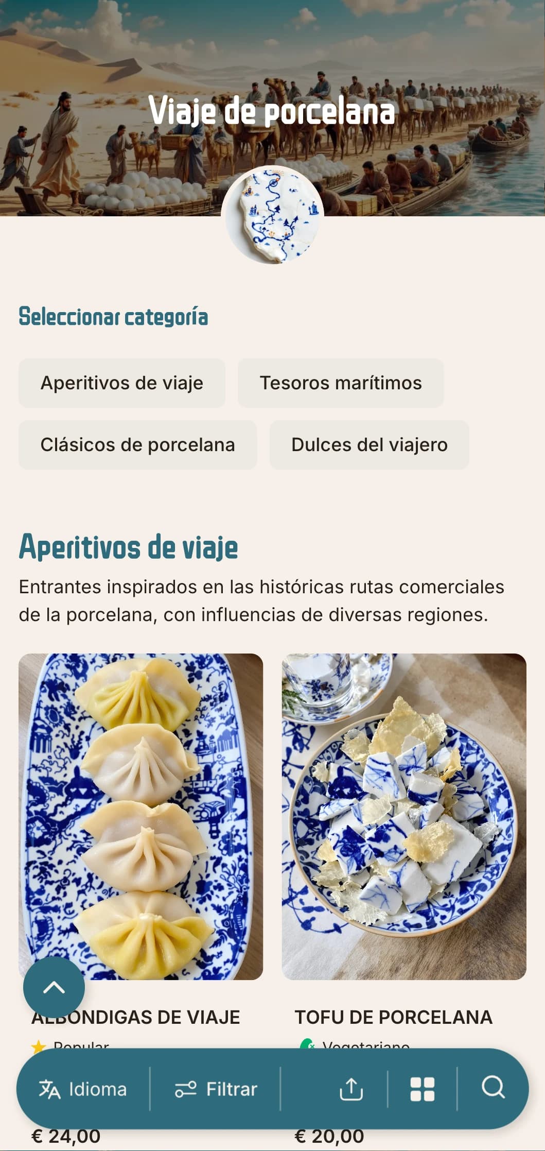 Elegante diseño de menú chino inspirado en las rutas comerciales de la porcelana, con elementos históricos para una cocina auténtica.