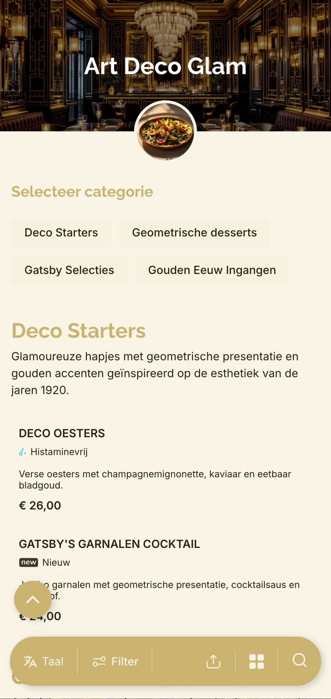Glamoureus design geïnspireerd op de jaren 1920 met geometrische patronen en gouden accenten voor een tijdloze maar eigentijdse eetervaring.