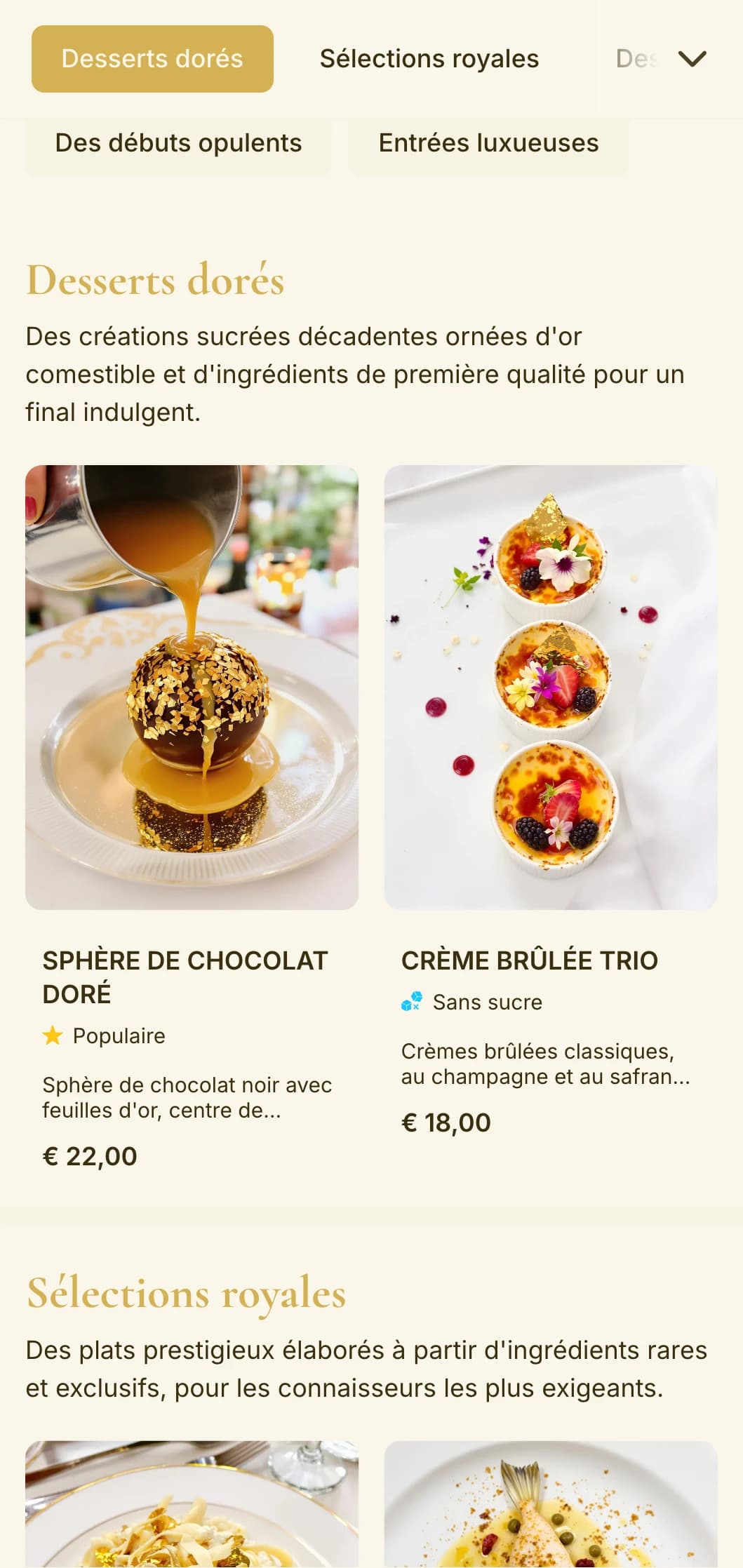 Un design opulent sur le thème de l'or qui respire le luxe et l'exclusivité, parfait pour les établissements haut de gamme et les repas d'occasions spéciales.
