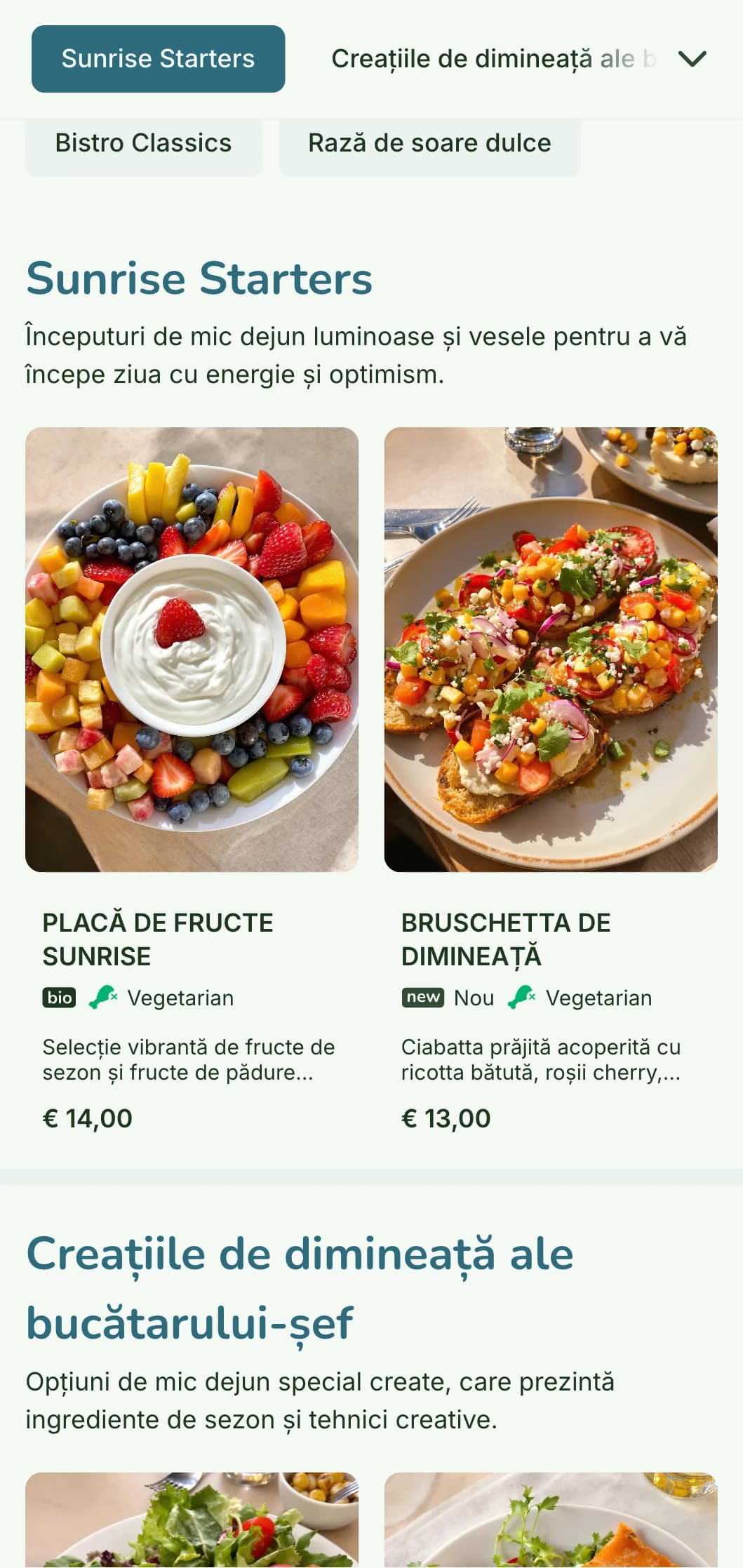 Meniu de mic dejun luminos și vesel, cu ingrediente proaspete, colorate, într-un cadru casual, dar rafinat, de bistro.