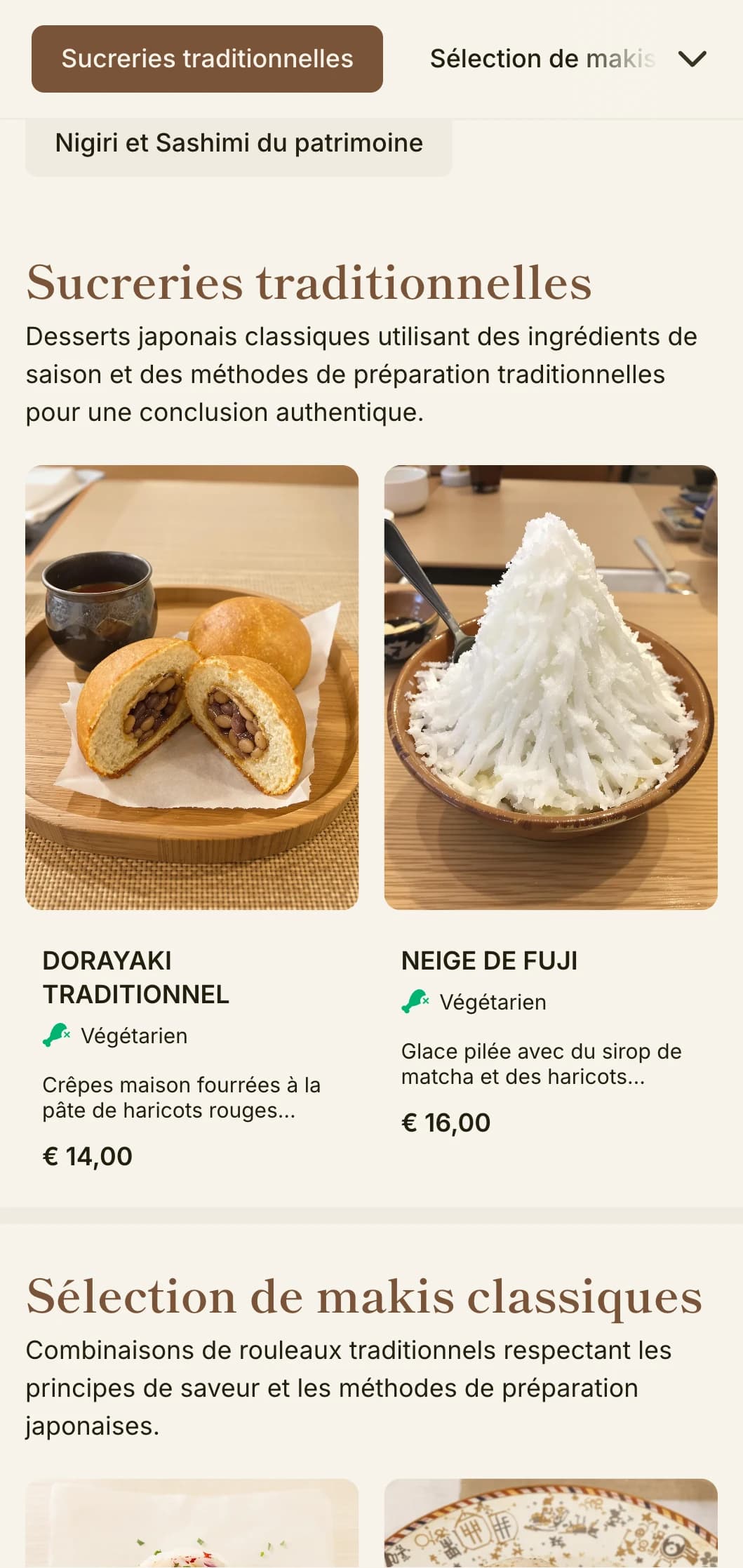 Menu classique de sushis japonais inspiré du mont Fuji, avec des éléments traditionnels et des accents bruns chauds pour un repas authentique.