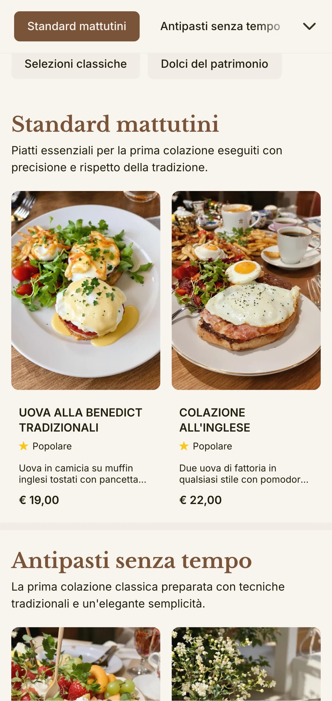 I piatti preferiti della colazione senza tempo, preparati con precisione e cura, presentati in modo elegante e tradizionale.