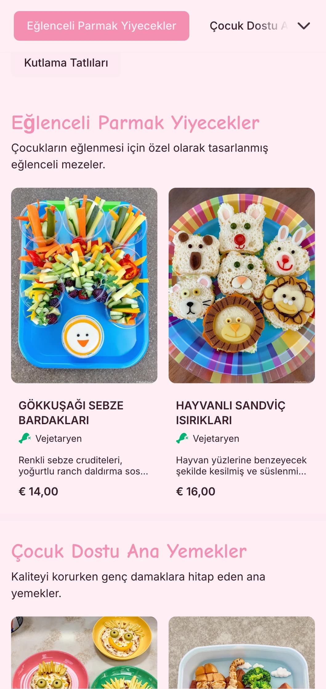 Eğlenceli sunum, çocuk dostu seçenekler ve interaktif yemek istasyonlarıyla çocuk etkinlikleri için özel olarak tasarlanmış eğlenceli, renkli yemek servisi.