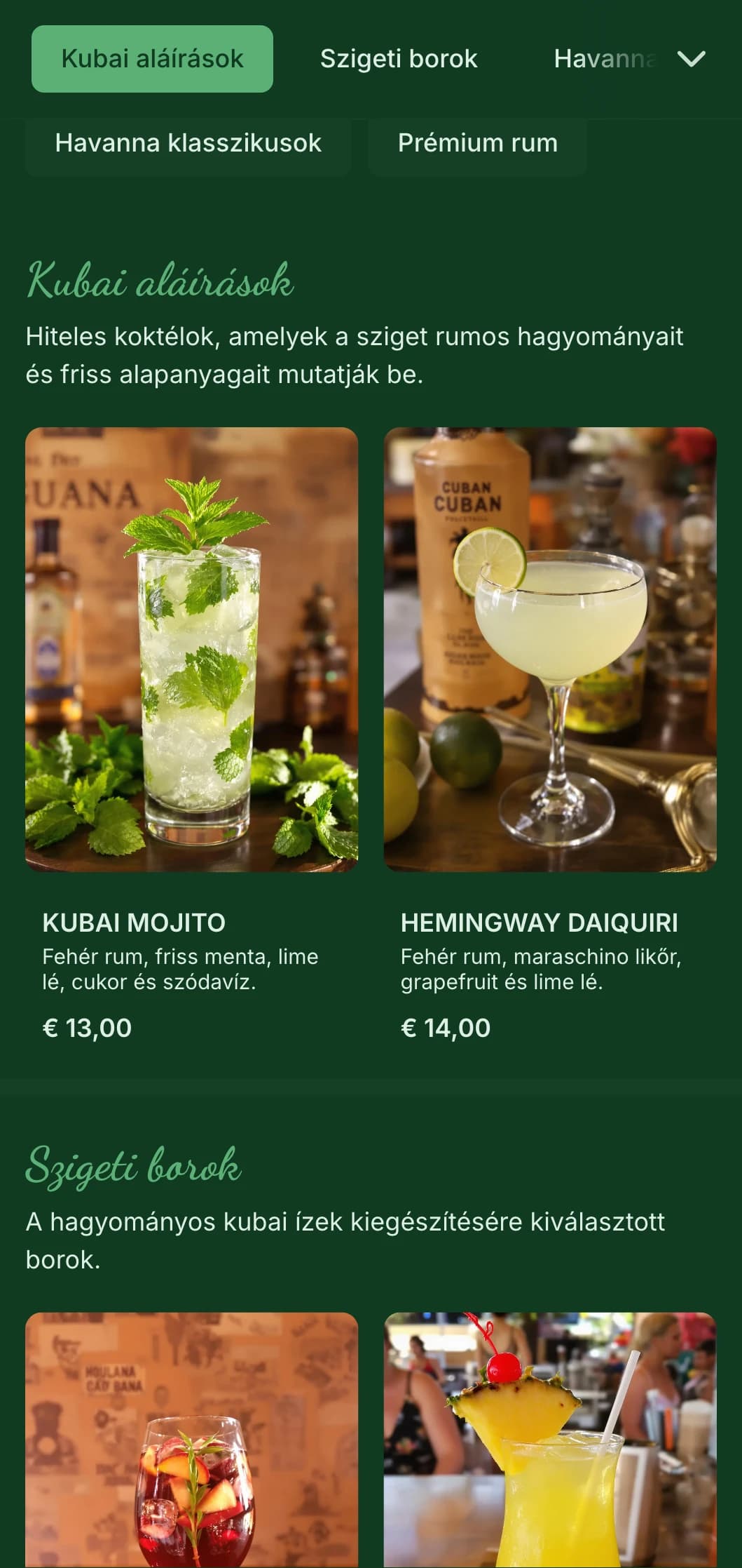 Trópusi zöld design vintage elemekkel kubai ihletésű rumos bárokhoz.