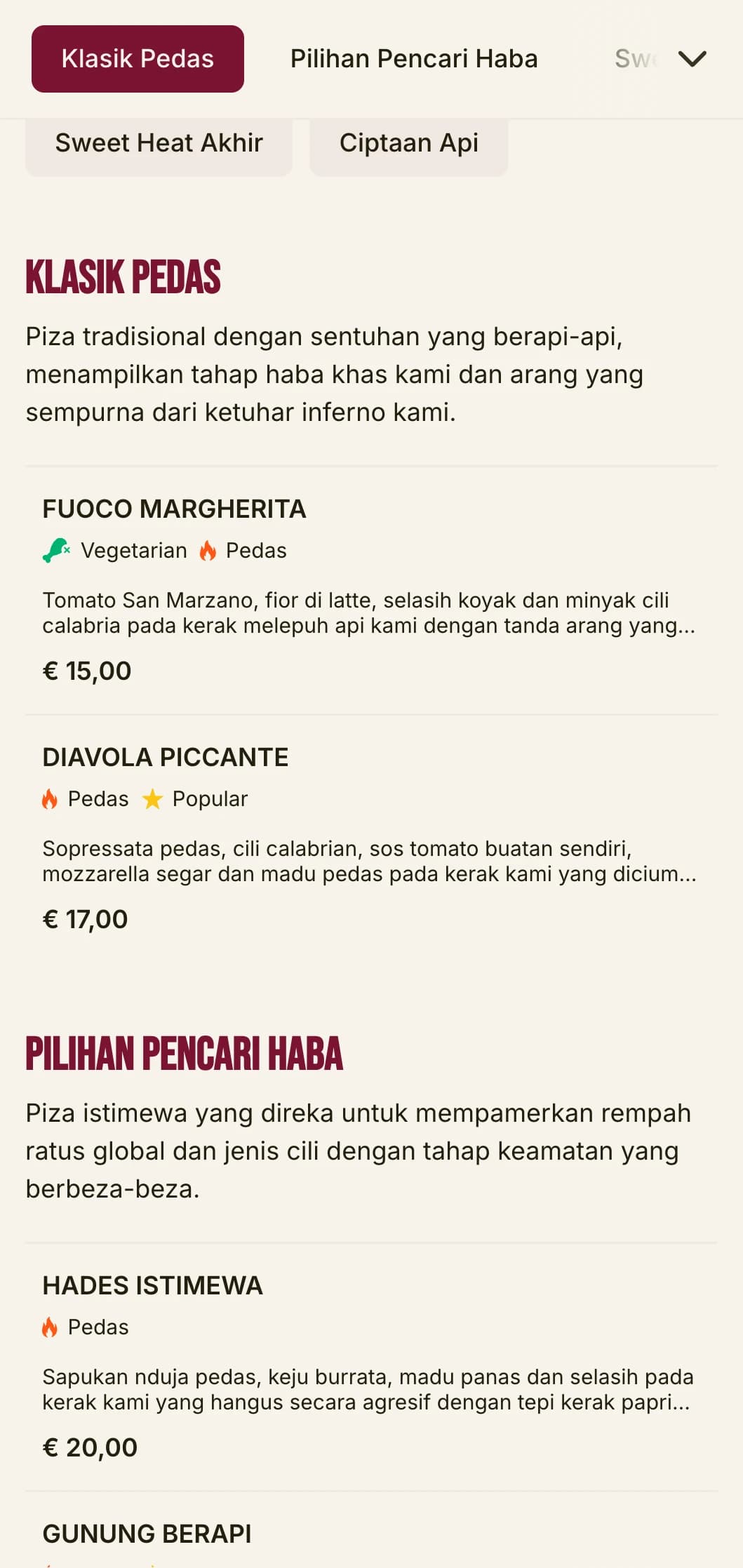 Menu piza bertenaga tinggi dengan tipografi berani dan warna-warna cerah untuk pakar piza pedas.