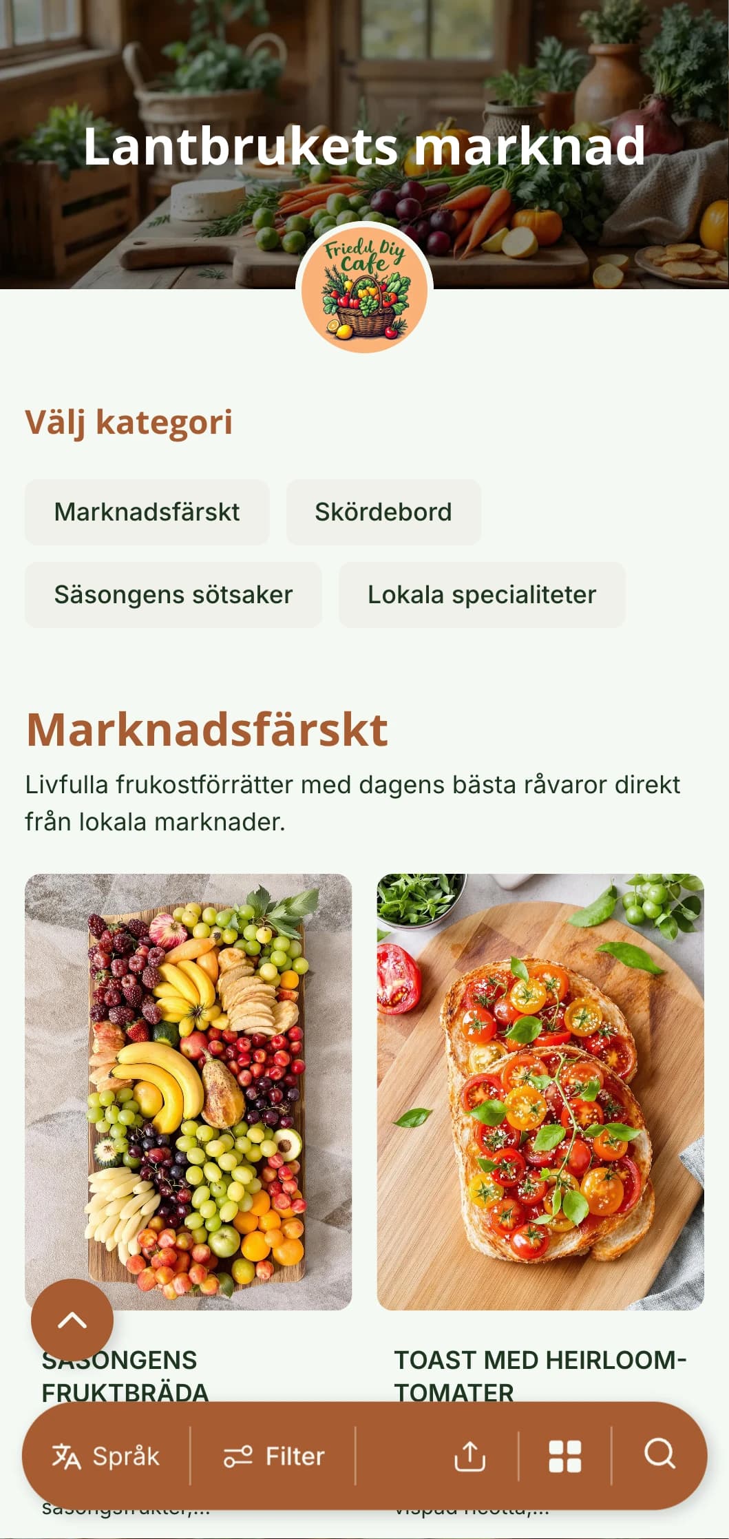 Fräsch, säsongsbetonad brunchmall med rustika inslag, perfekt för kaféer som serverar lokala råvaror från gård till bord.