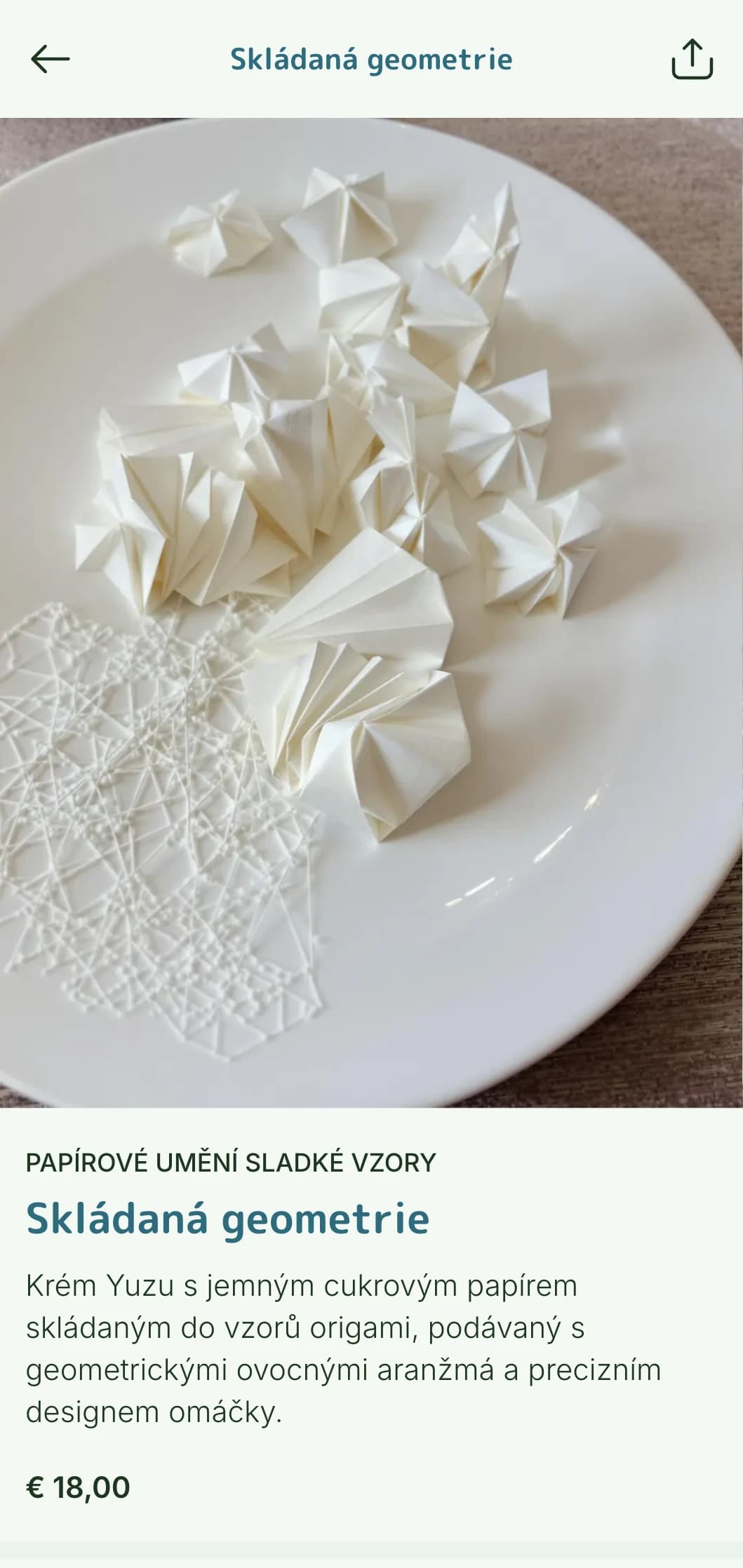Kreativní sushi menu inspirované japonským uměním skládání papíru s geometrickými vzory a čistými liniemi.