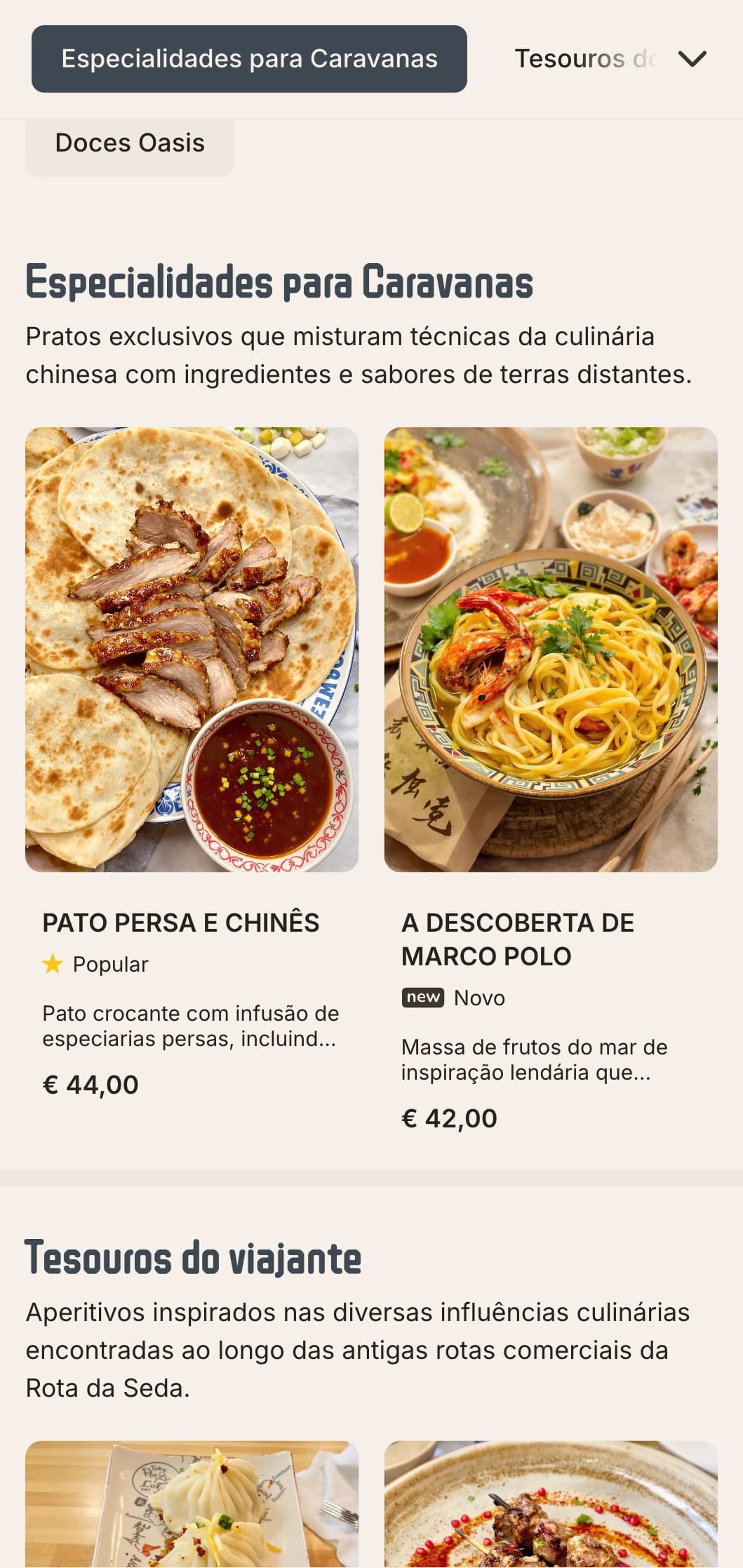 Design elegante de cardápio chinês inspirado na histórica Rota da Seda, com elementos culturais refinados e uma paleta de cores sofisticada.