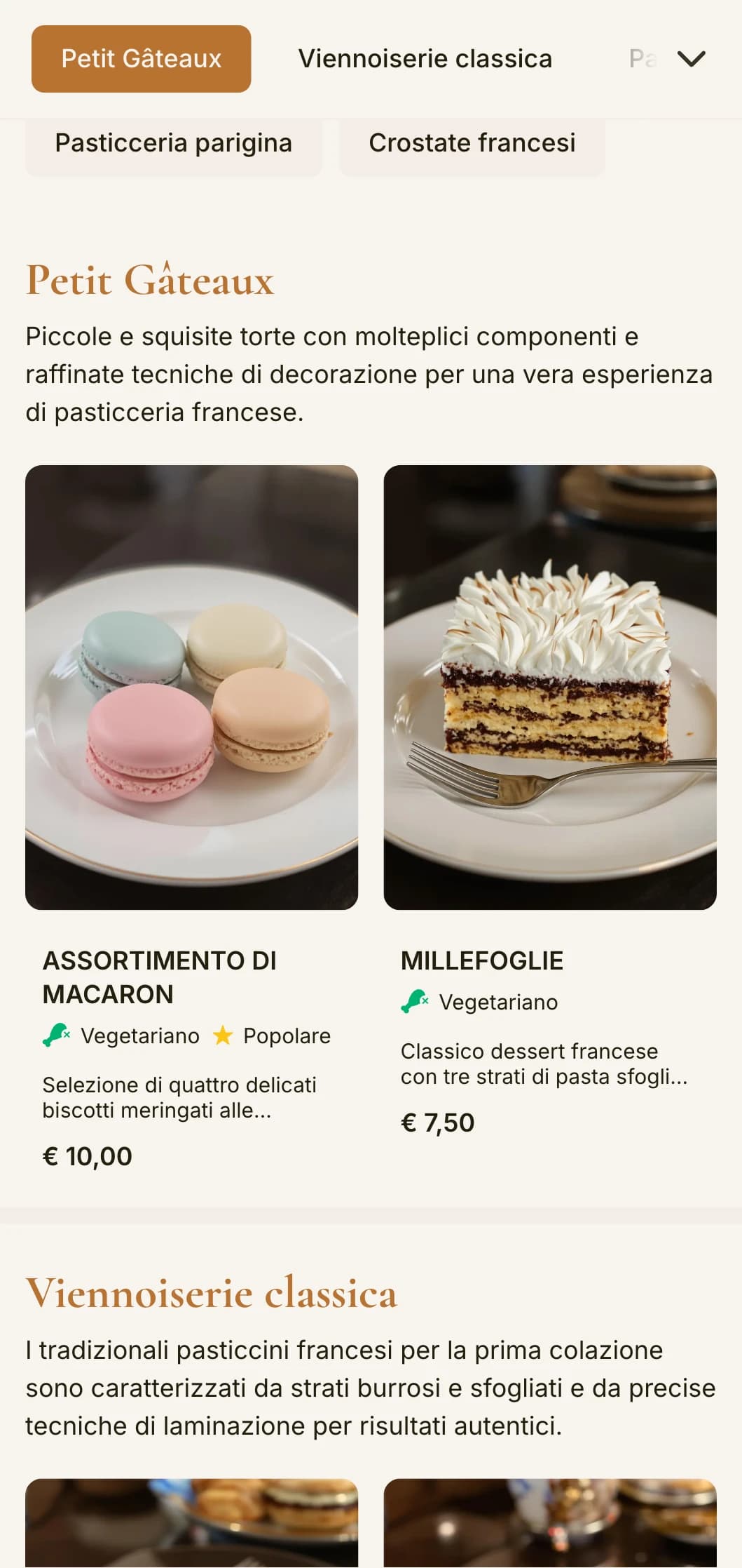 Un elegante design di menu di pasticceria di ispirazione francese con accenti di rame e una tipografia sofisticata, perfetto per le pasticcerie e i forni francesi.