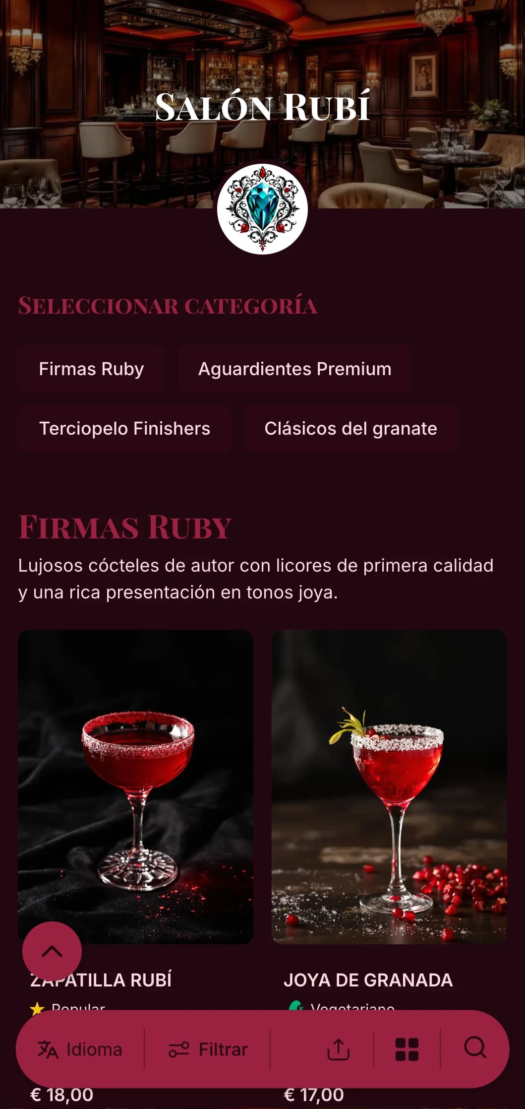 Un lujoso diseño en tonos joya para bares de cócteles y salones de lujo, con ricos detalles en rubí y elegante tipografía.
