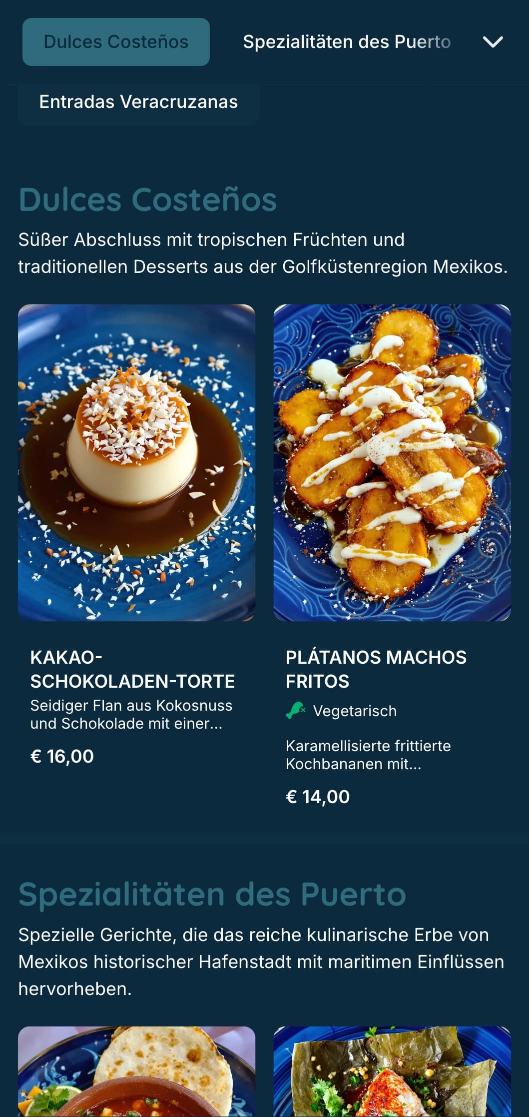 Frisches und schmackhaftes Küstenmenü mit Meeresfrüchtespezialitäten aus Veracruz mit türkisfarbenen Akzenten, Küstenbildern und typischen Fischzubereitungen.
