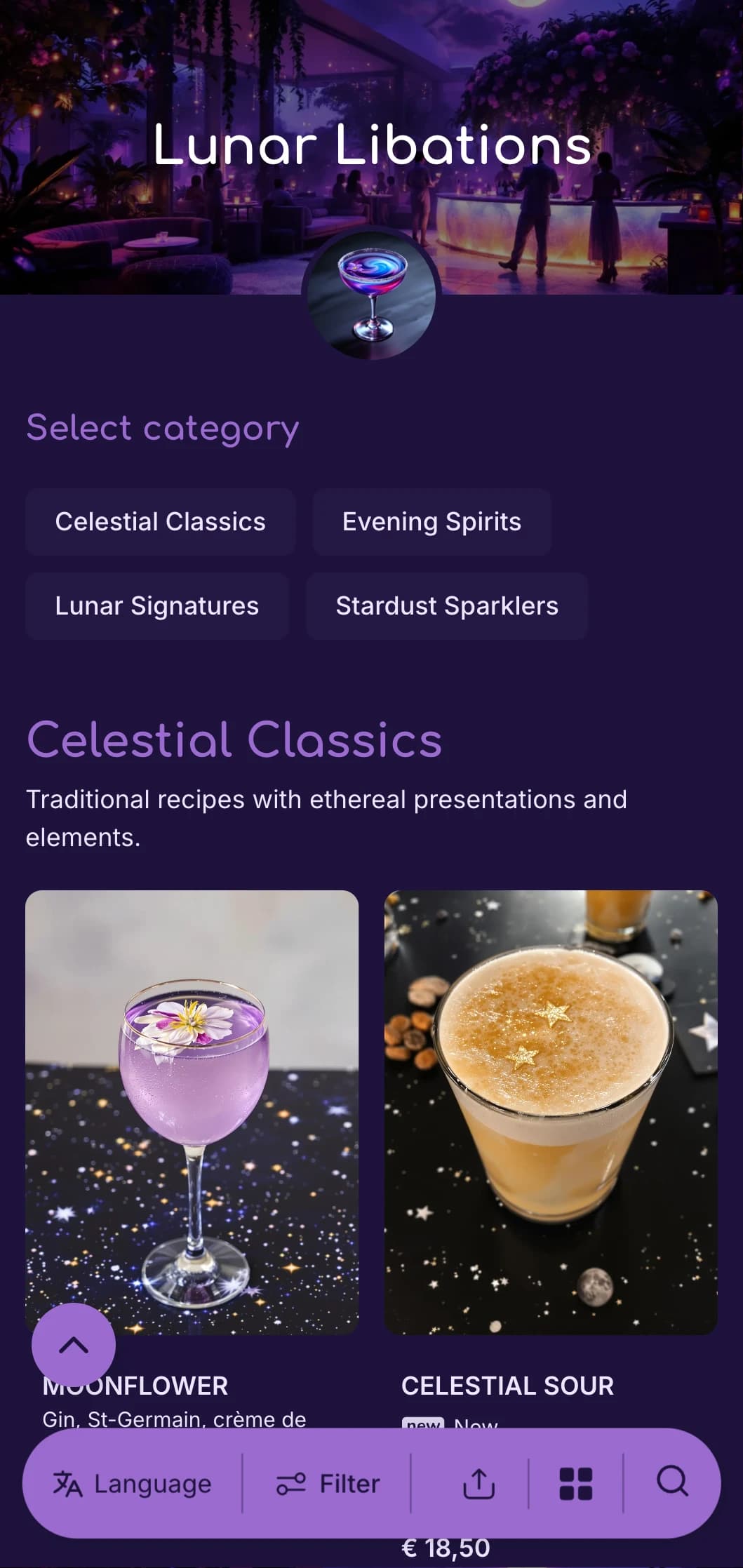 Dreamy purple design with moon phases for night-themed cocktail bars.