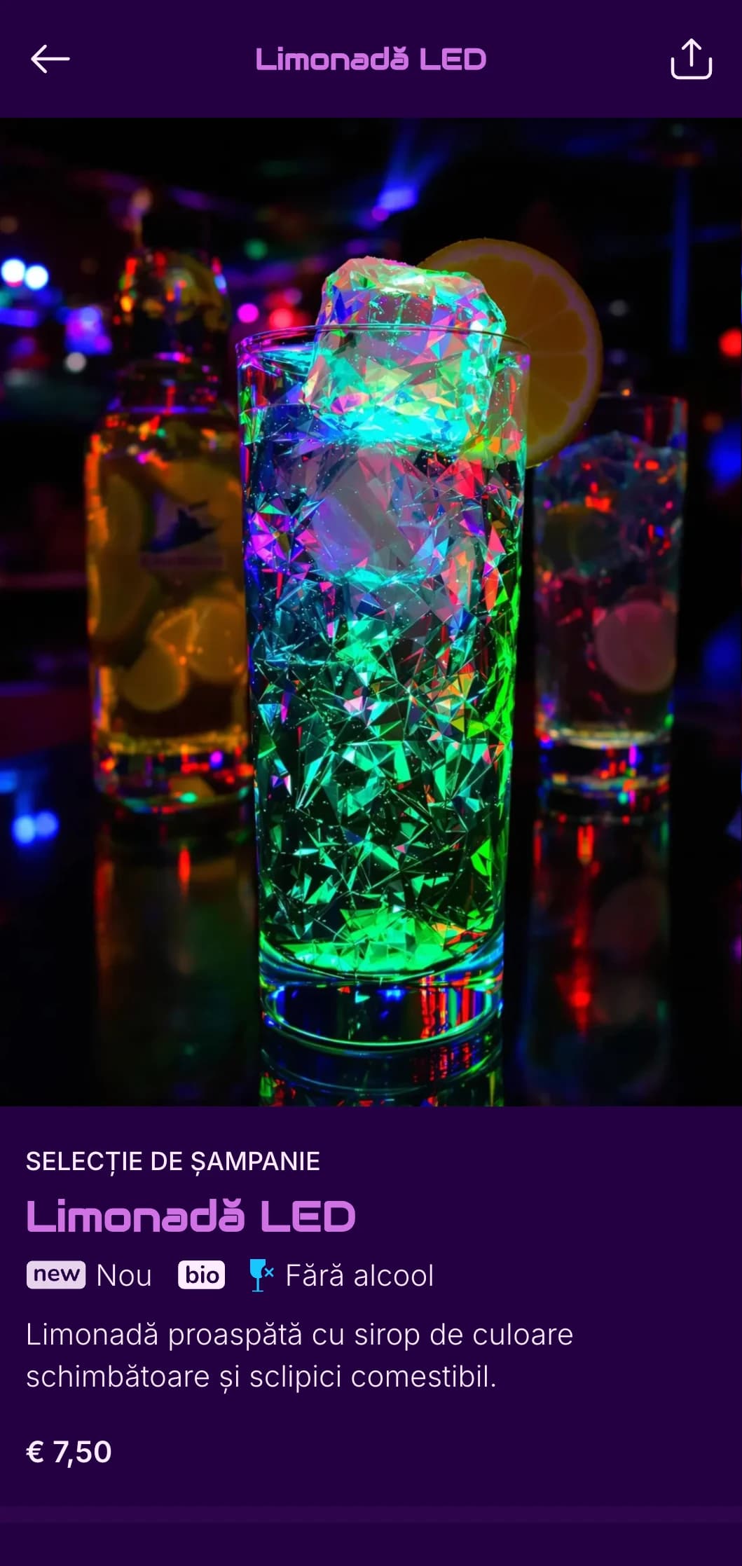 Design violet îndrăzneț inspirat de neon pentru cluburi de noapte și baruri de dans pline de energie.