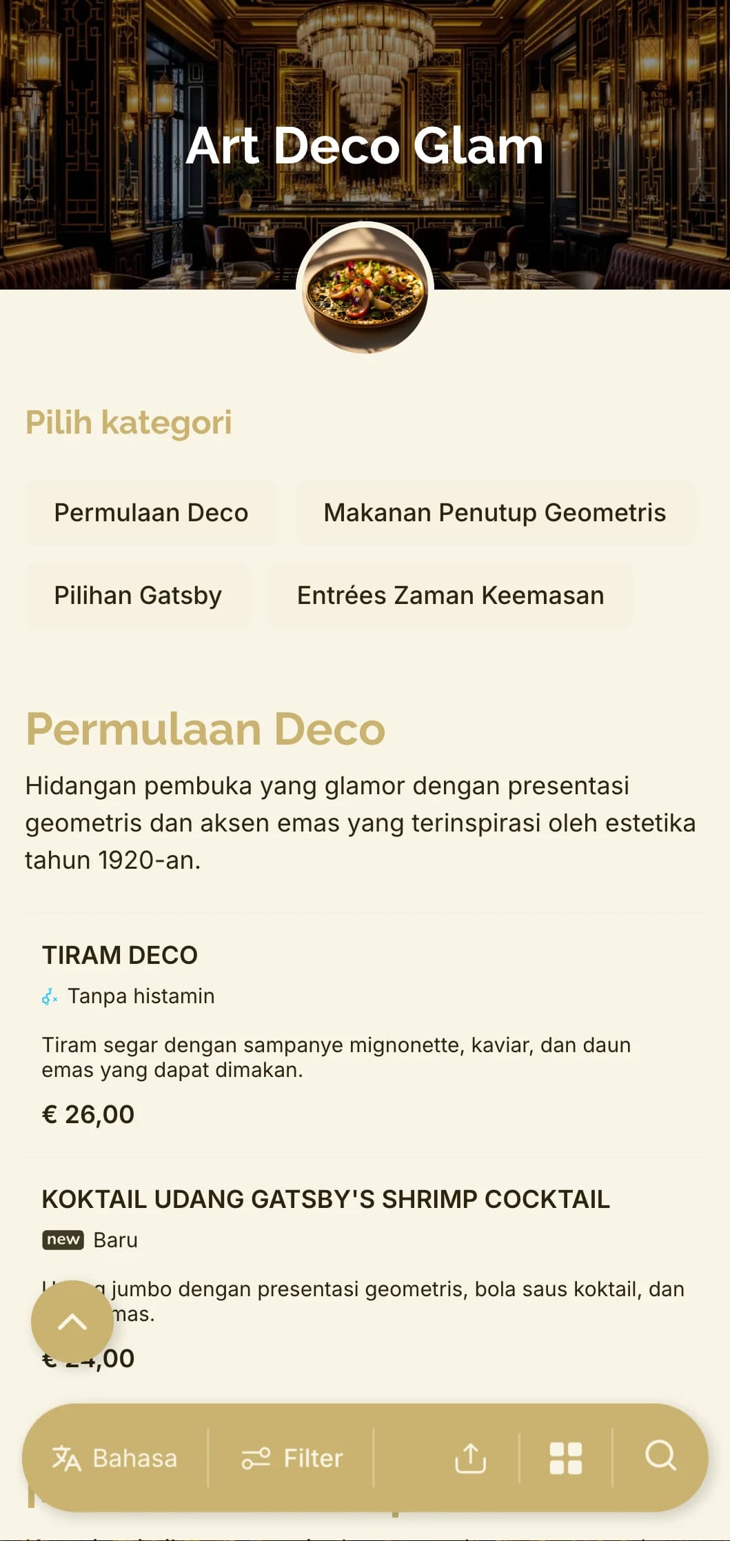 Desain glamor yang terinspirasi dari tahun 1920-an dengan pola geometris dan aksen emas untuk pengalaman bersantap yang tak lekang oleh waktu dan kontemporer.