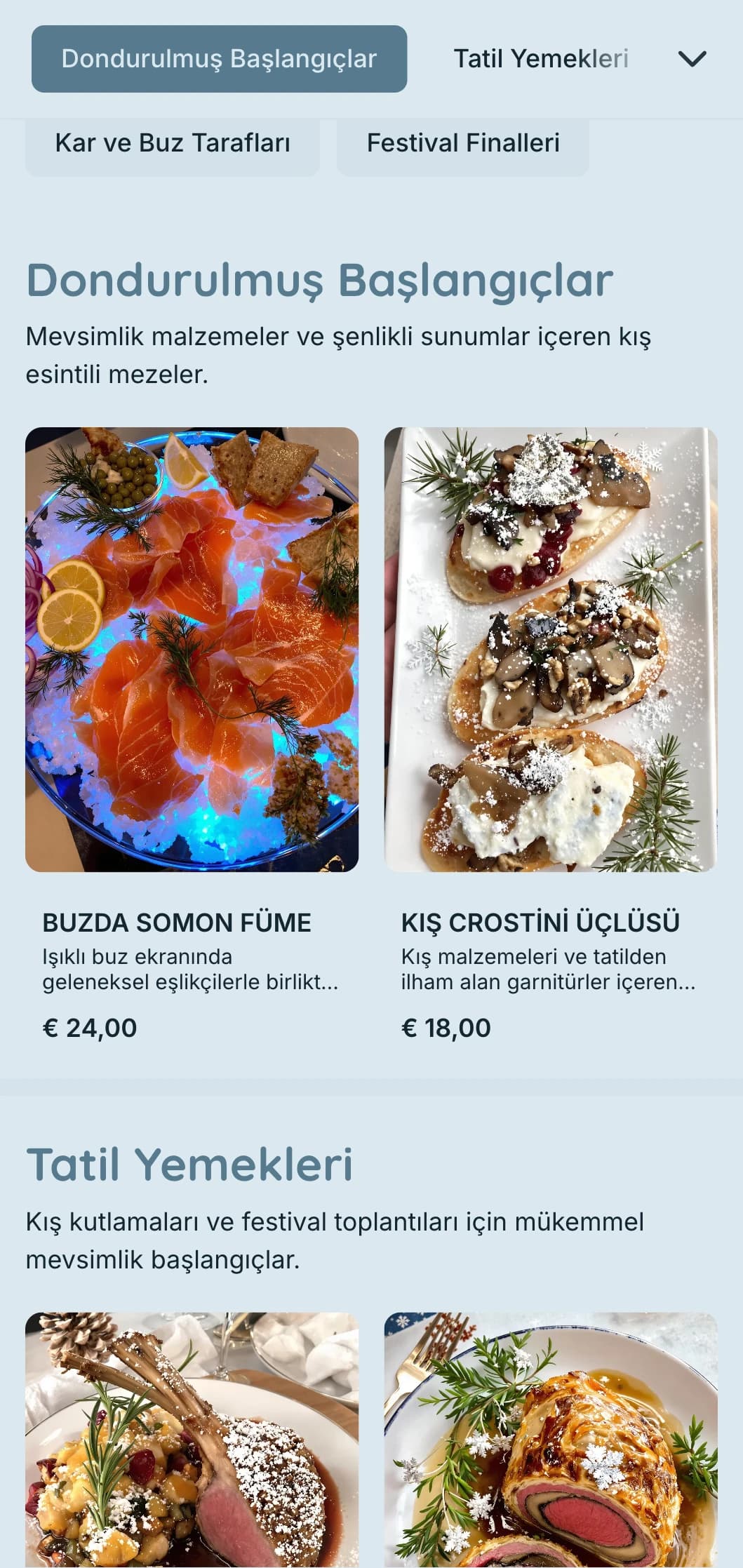 Tatil partileri ve kış etkinlikleri için mevsimlik malzemeler, dramatik sunum ve rahat unsurlarla büyülü kış temalı catering.