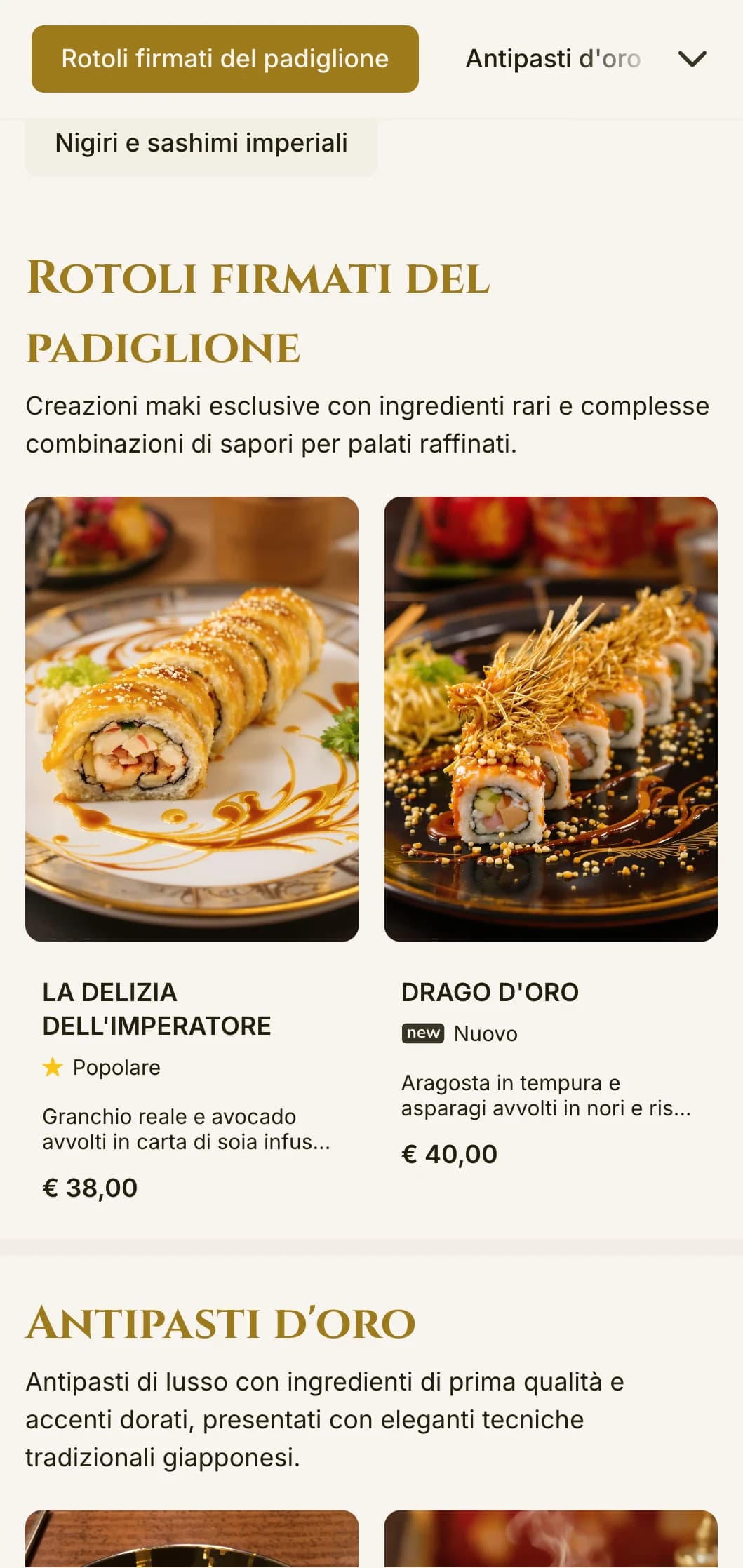 Lussuoso menu di sushi con accenti dorati ispirato al famoso tempio di Kyoto, caratterizzato da un'elegante tipografia e da elementi tradizionali.