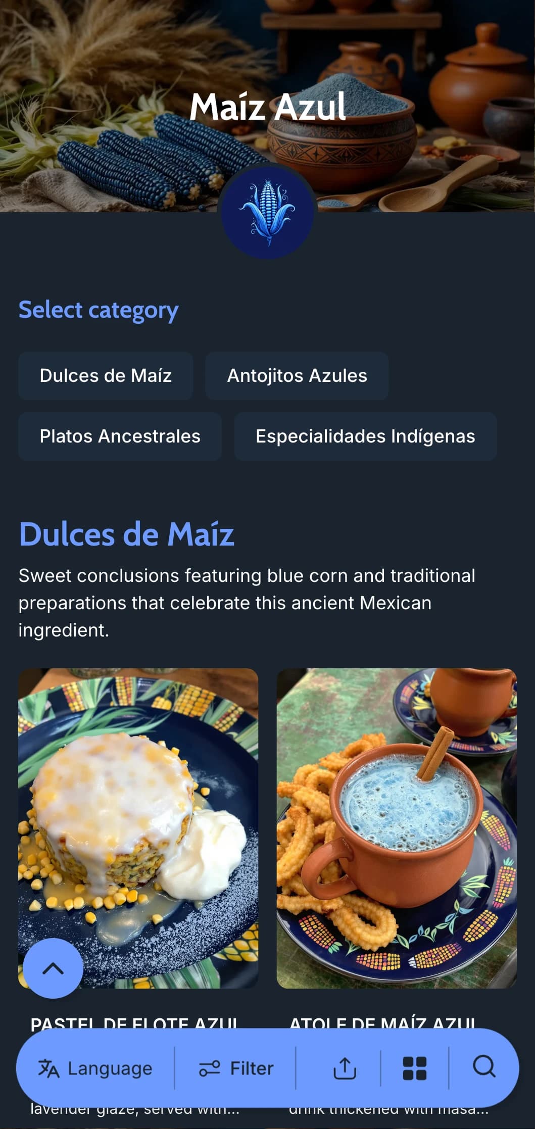 Authentic and traditional menu featuring blue corn specialties, ancient preparation methods, and indigenous Mexican cuisine influences.