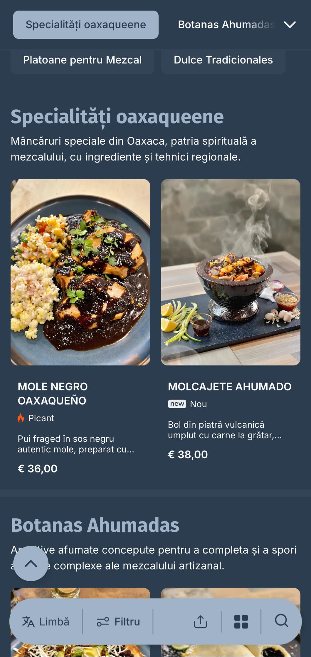 Meniu misterios și sofisticat de bar cu mezcal, cu tonuri fumurii de albastru-cenușiu, băuturi spirtoase artizanale și acompaniamente tradiționale oaxacane.