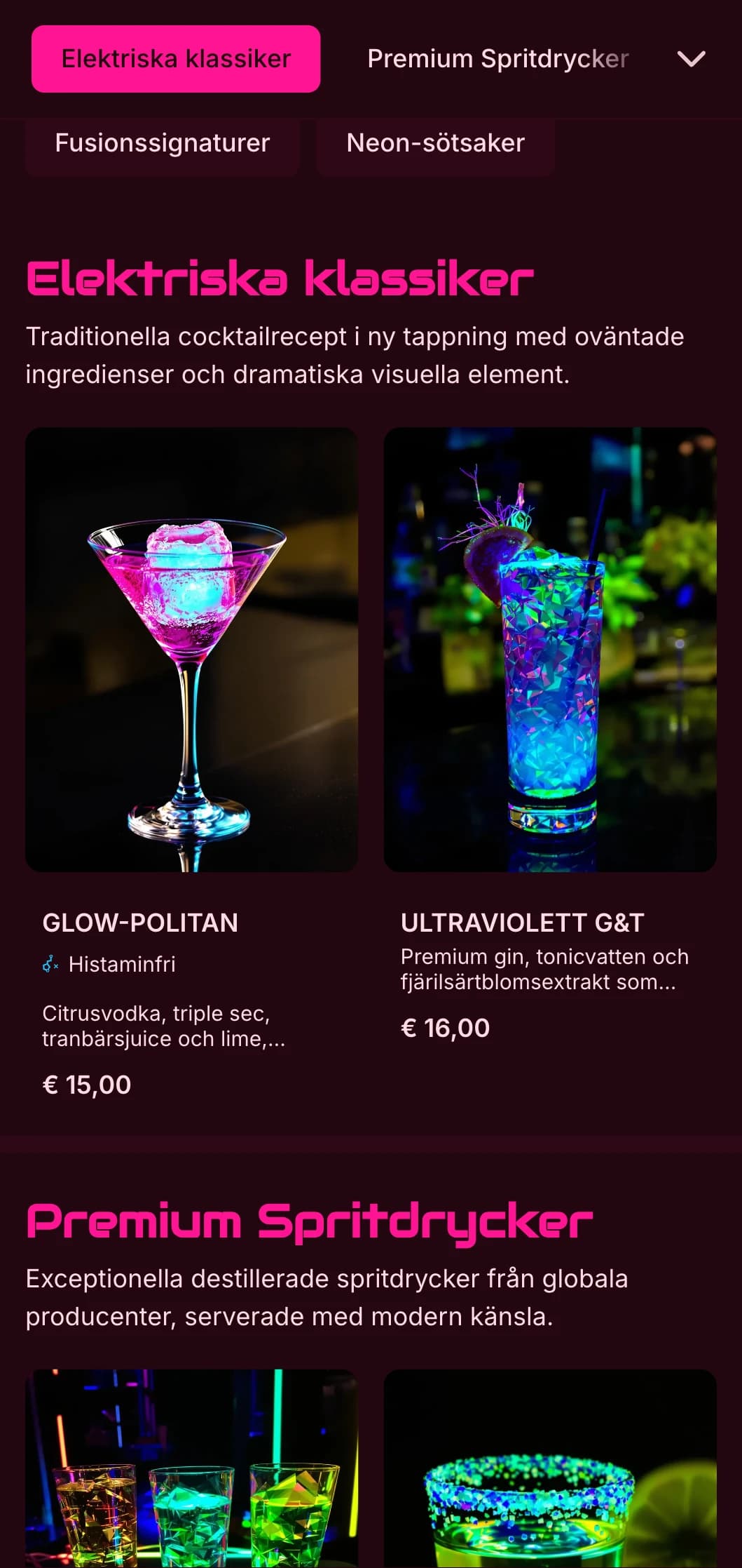 En djärv, livfull design för moderna cocktailbarer och nattklubbar med neonfärger och dynamisk typografi.
