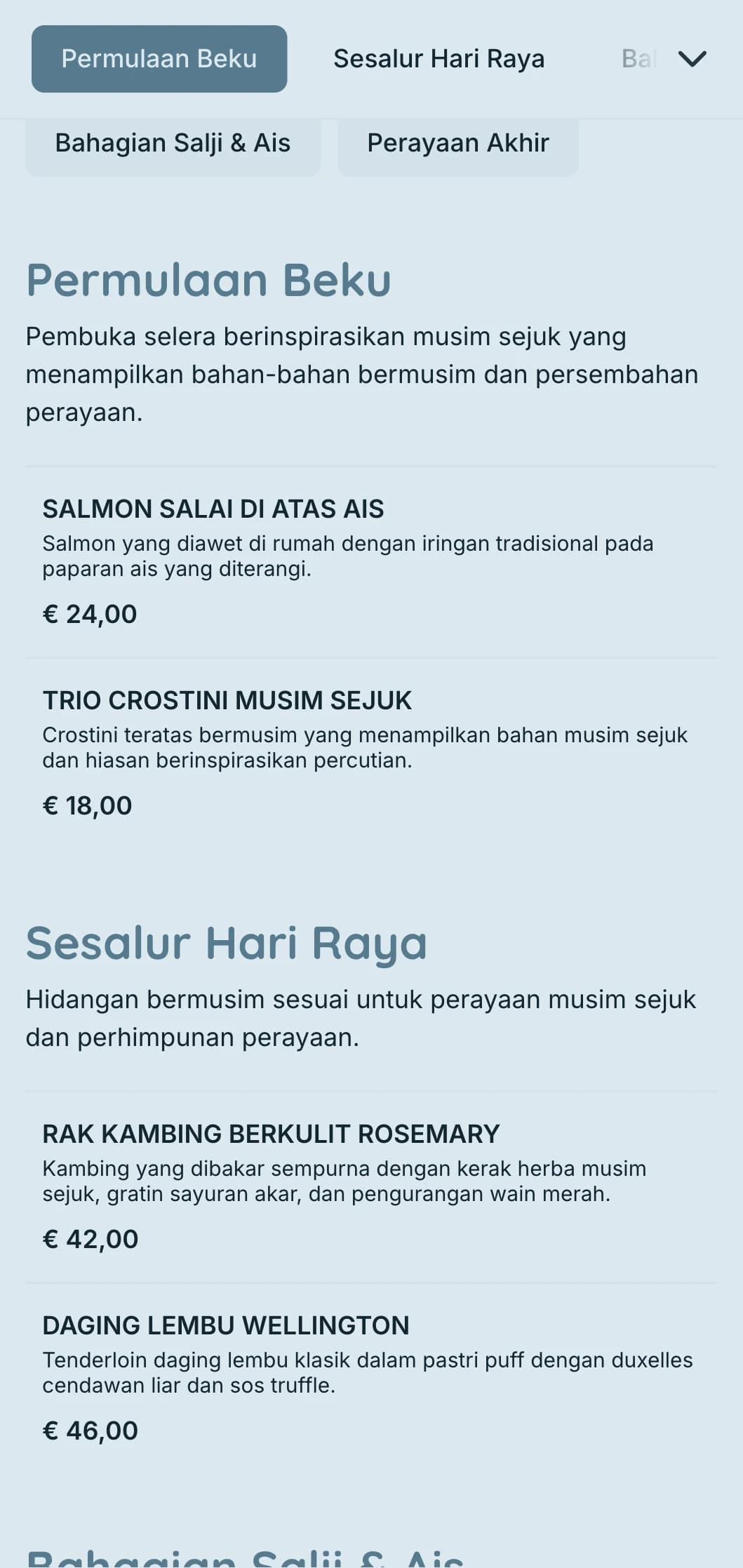Katering bertema musim sejuk yang ajaib dengan bahan bermusim, persembahan dramatik dan elemen selesa untuk parti percutian dan acara musim sejuk.