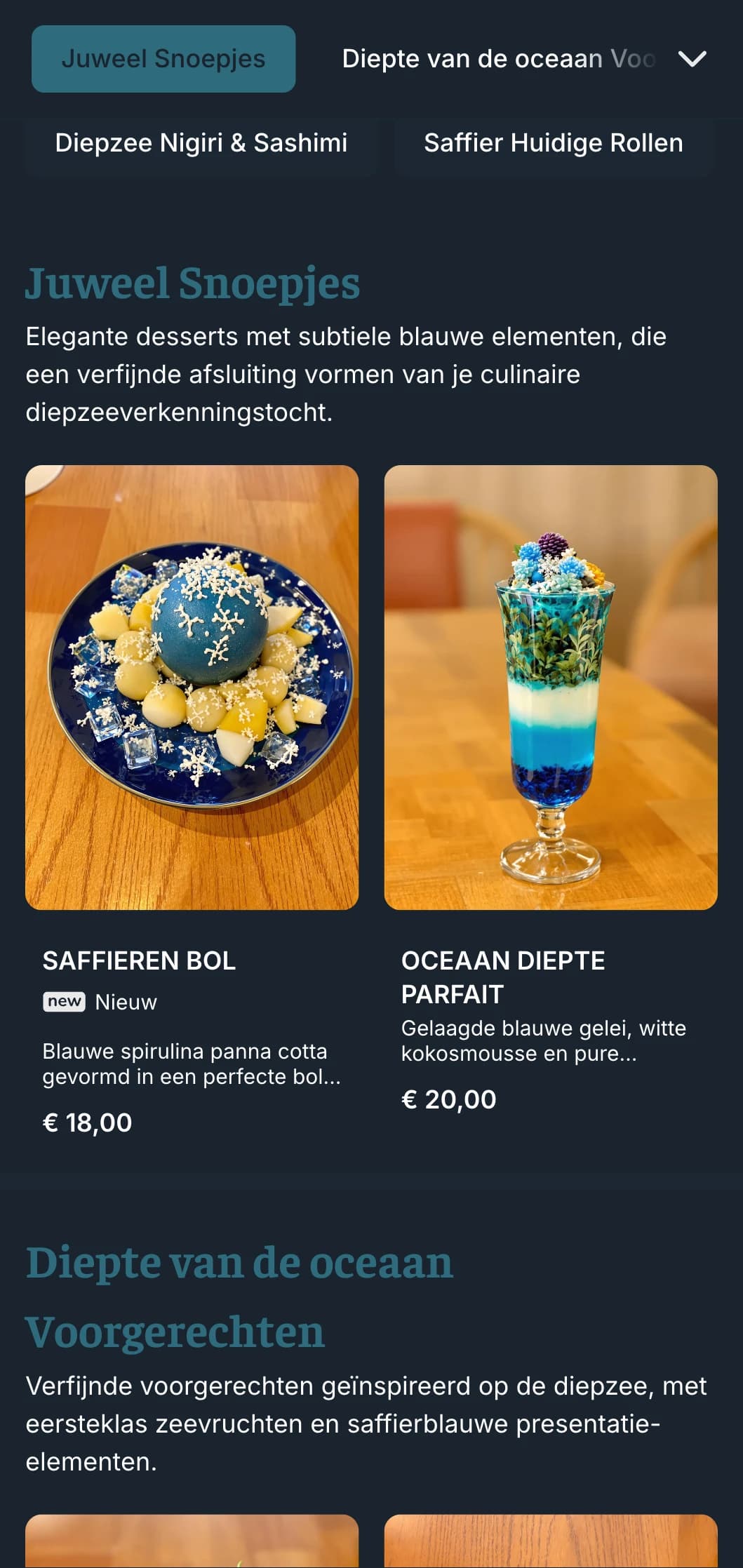 Op de diepblauwe oceaan geïnspireerd sushi-menu met rijke saffieren tinten voor eersteklas visrestaurants.