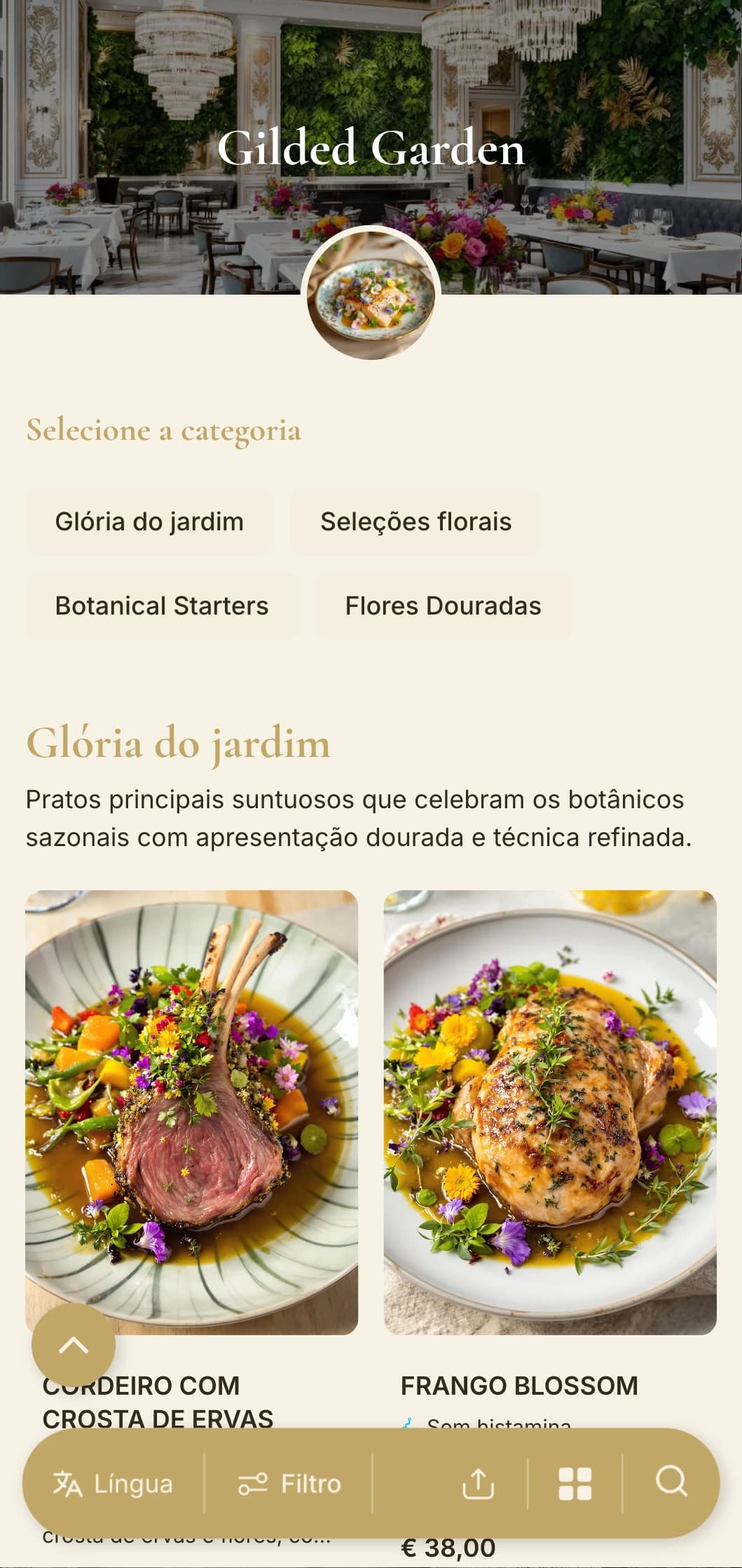 Conceito botânico opulento que combina vegetação exuberante com detalhes em ouro e elementos refinados inspirados em jardins.