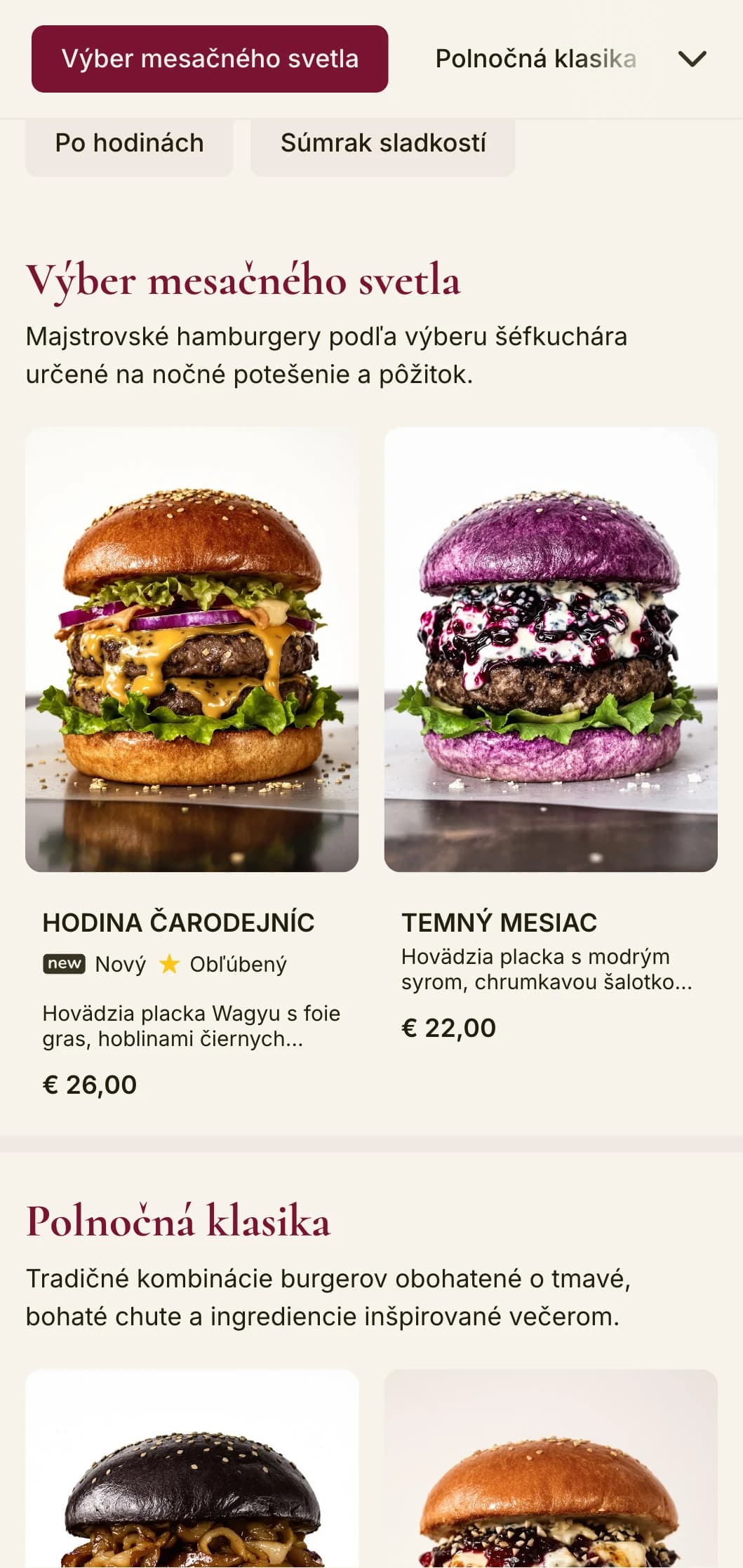 Prémiový hamburgerový salónik na neskorú noc s tmavým zamatom a tajomnou atmosférou.