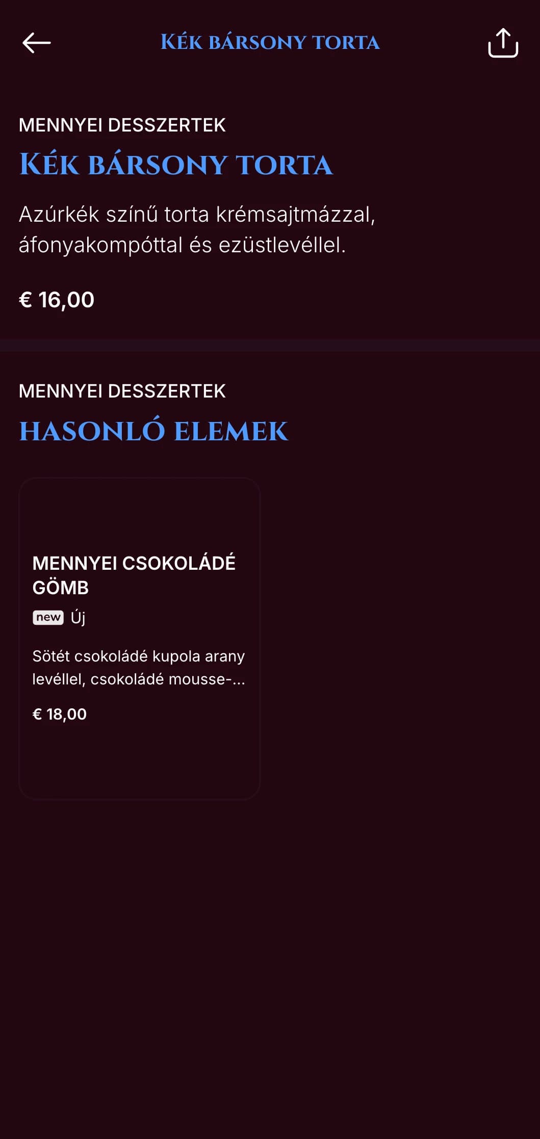 Drámai, éjkék színű, arany színű vacsoramenü, amelyet fényűző hangulatú esti étkezési helyszínekre terveztek.