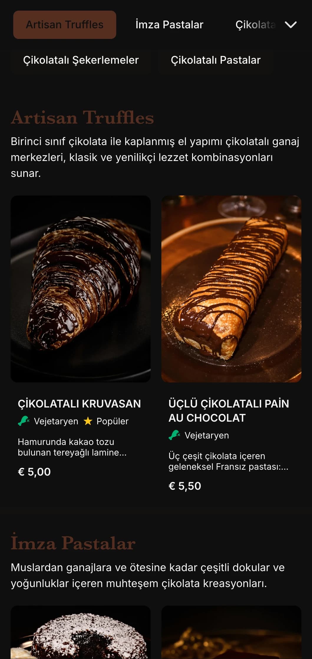 Koyu çikolata kahvesi tonları ve zarif tipografi ile zengin, hoşgörülü bir fırın menüsü tasarımı, çikolata odaklı fırınlar için mükemmel.