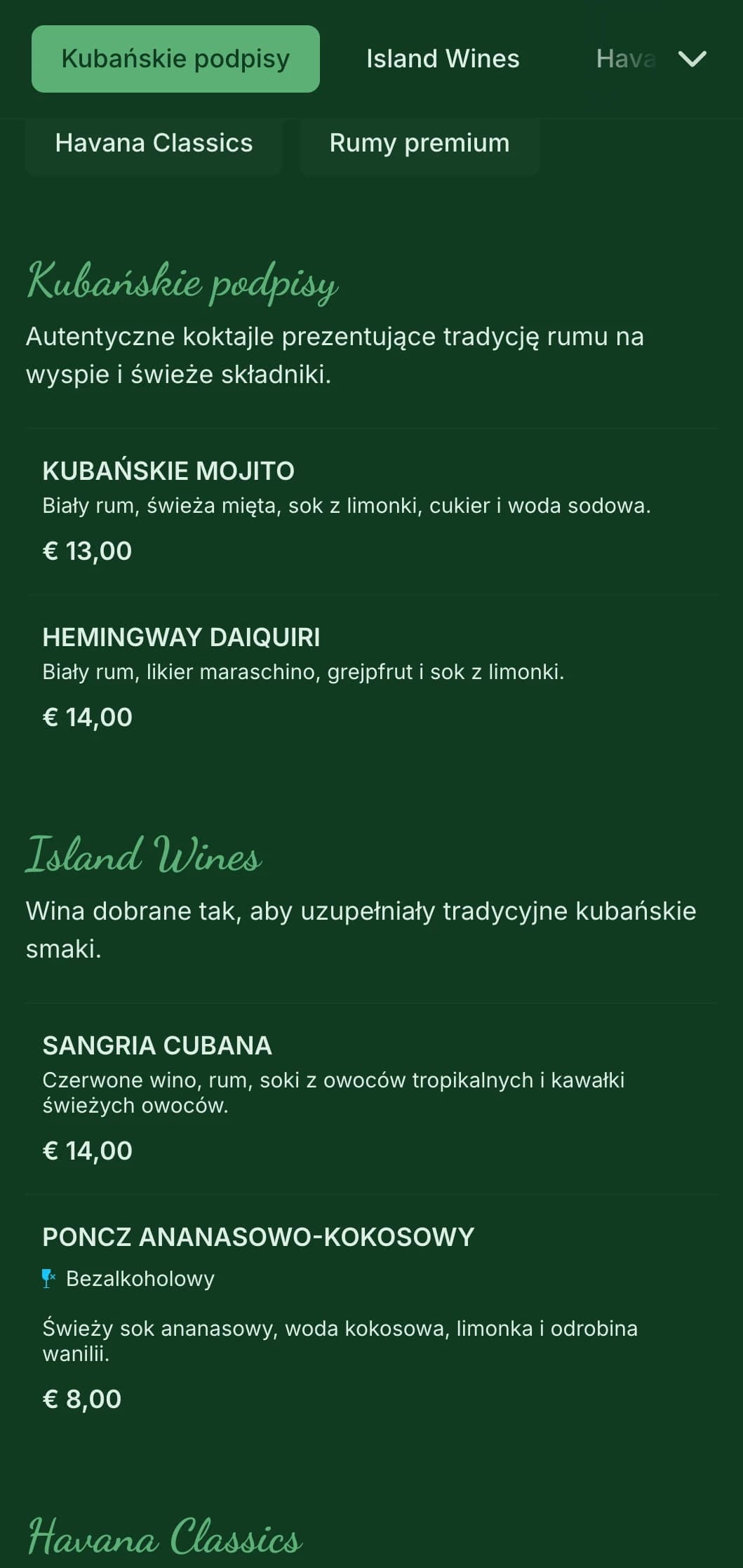 Tropikalna zieleń z elementami vintage dla barów rumowych inspirowanych Kubą.